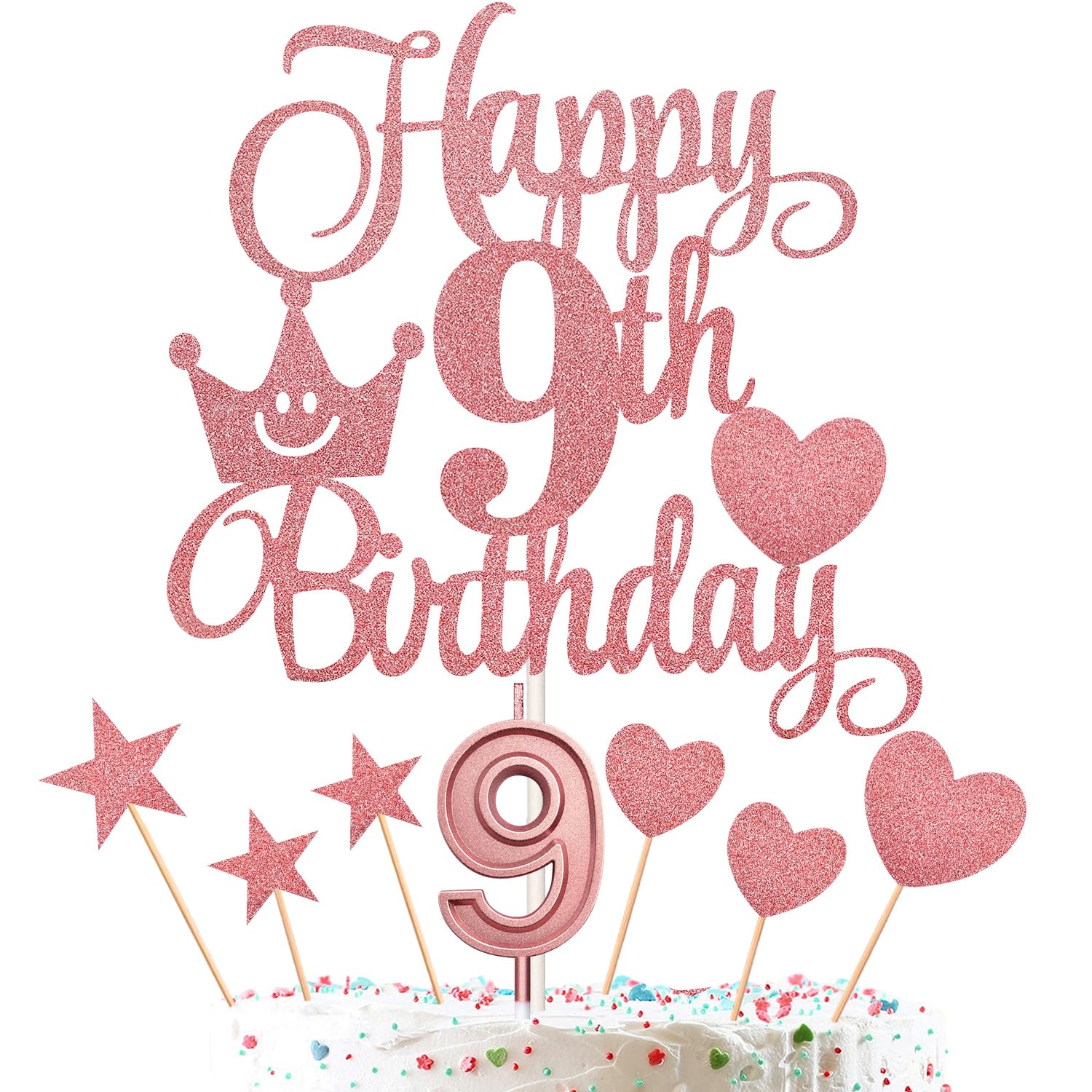 9th Birthday Cake Decorations Set Include Digital Candles 9 Numeral 9# Cake Candles and Happy 9th Birthday Cake Toppers with Heart Star Cupcake Picks