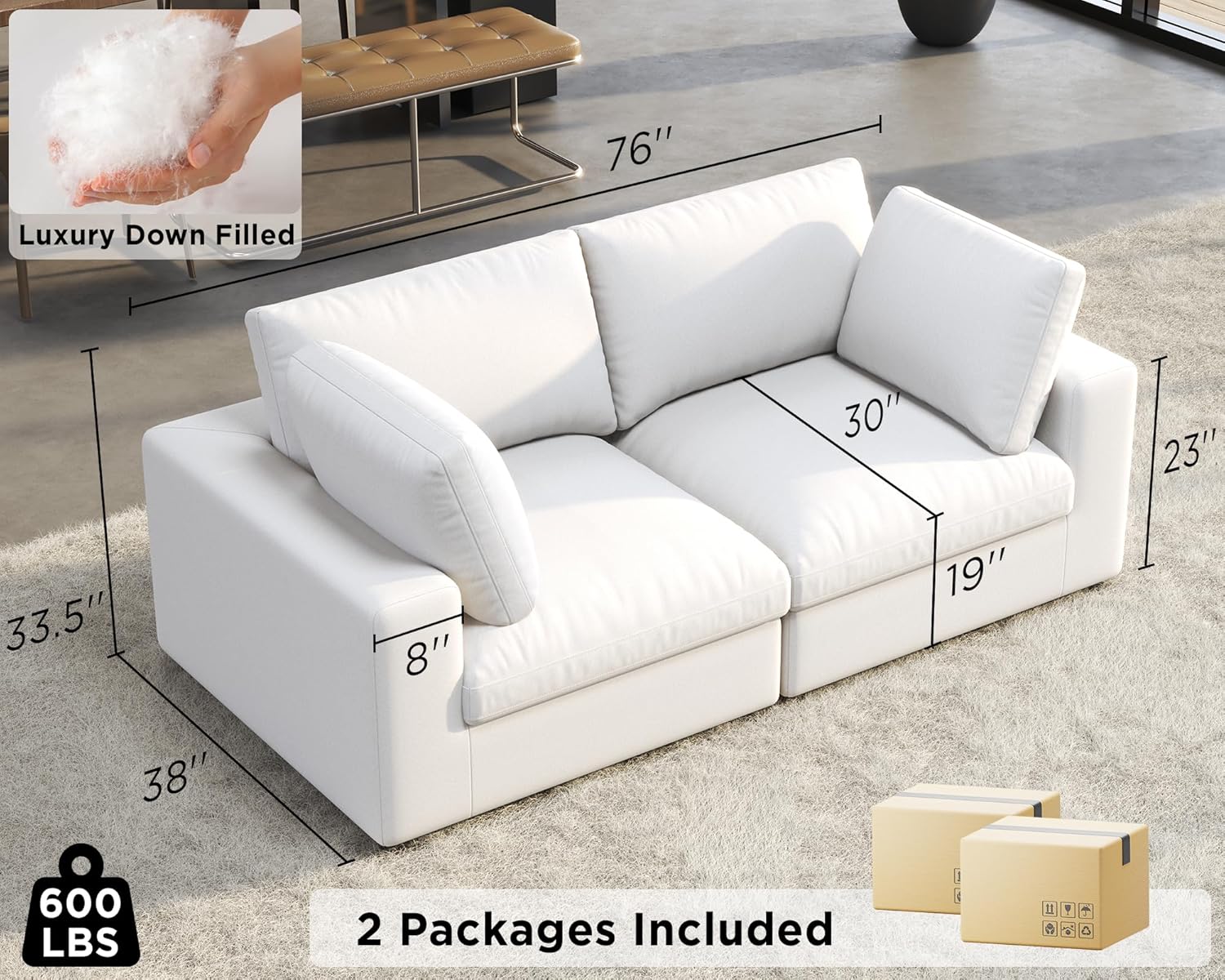 PaPaJet Modular Sectional Sofa, 76 Inches Down Filled Sectional Couch, Loveseat Oversized Comfy Sofa for Living Room, White Linen Cloud Couch Set