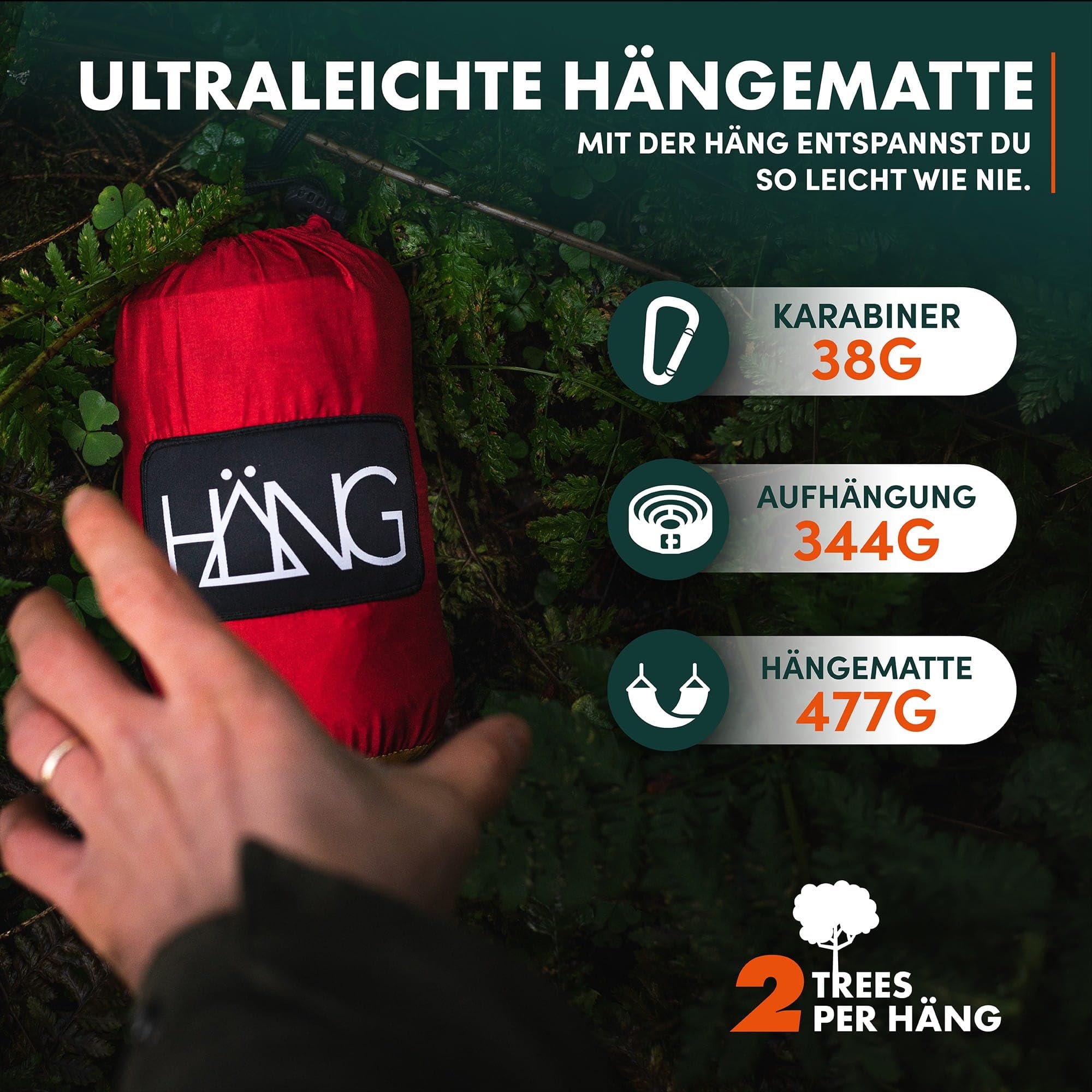 HÄNG Hamak XXL 300 x 170 cm do użytku na zewnątrz – odporny na warunki atmosferyczne i ultralekki (850 g), obciążenie 200 kg – dla 2 osób z jedwabiu spadochronowego, na kemping, w podróży i do ogrodu