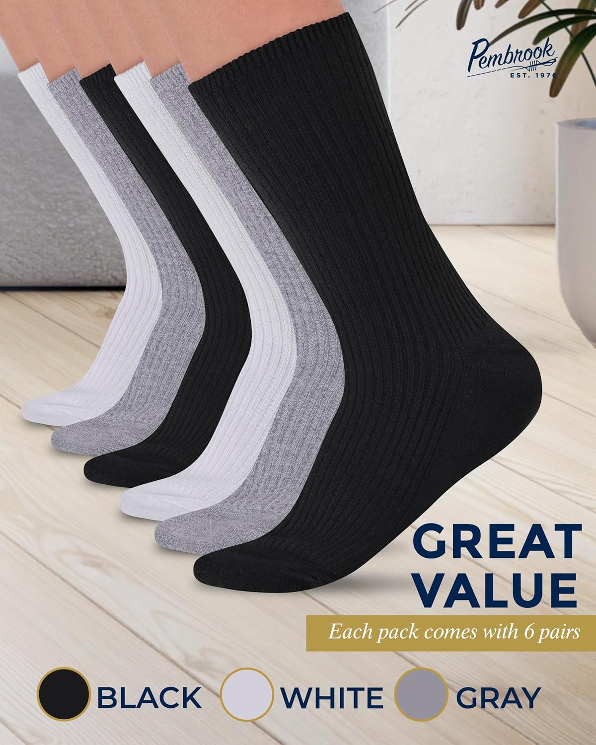 Pembrook Ribbed Knit Bamboo Viscose Diabetic Socks - 6 Pairs Crew Neuropathy Socks for Women | Diabetic Socks for Women - Image 5