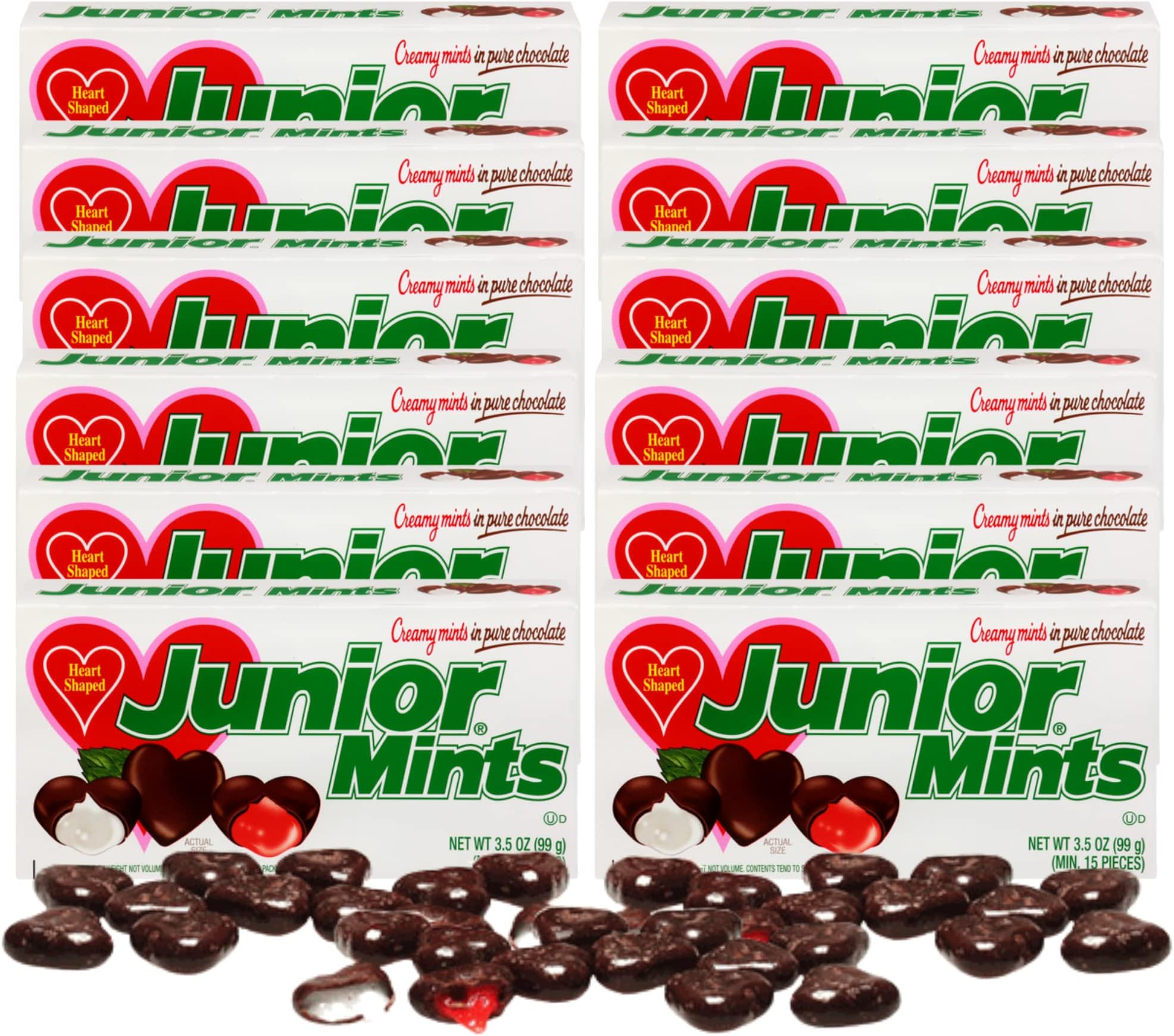 Heart Shaped Junior Mints Theater Boxes, Valentines Chewy Mint Filled Chocolate Candy Treats, Party Favors, Gifts Basket Fillers, and More, Cas of 12