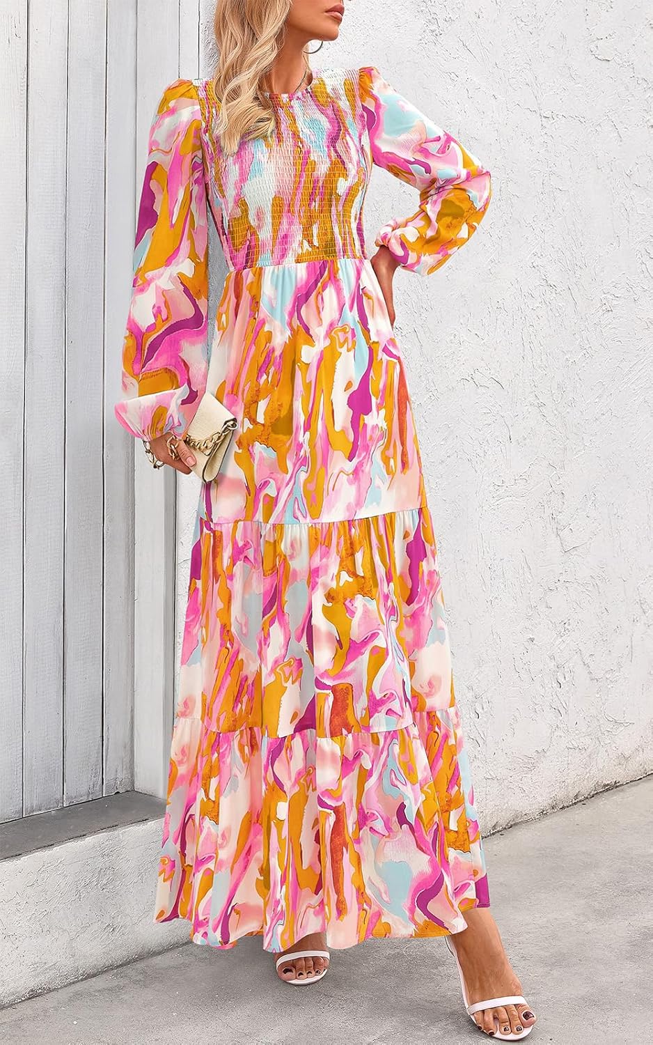 PRETTYGARDEN Women's Spring Dresses 2026 Long Sleeve Flowy Casual Floral Maxi Dress Crew Neck Smocked Tiered Long Dress - Image 5