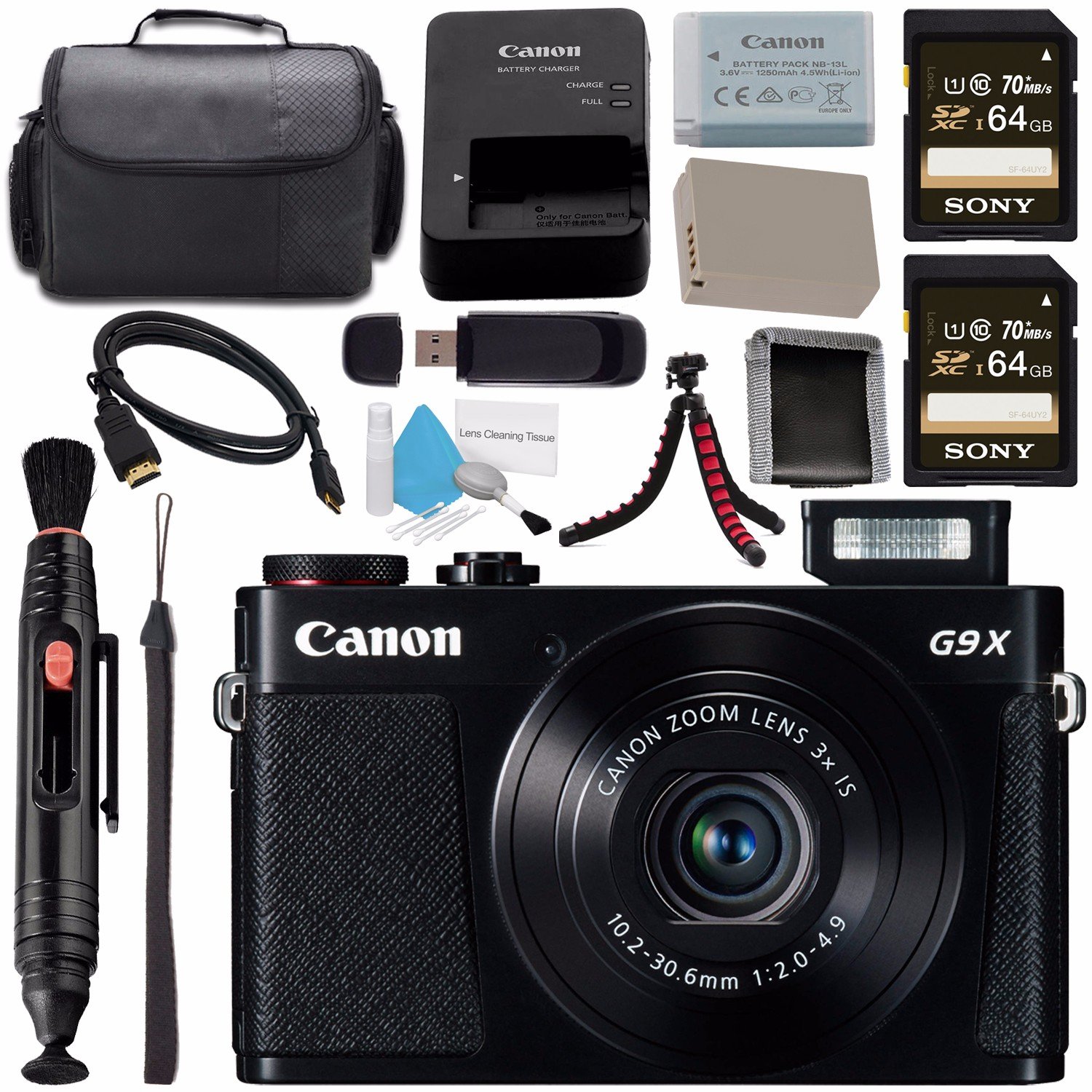 Canon PowerShot G9 X Digital Camera (Black) 0511C001 + NB-13L Lithium Ion Battery + Sony 64GB SDXC Card + Carrying Case + Memory Card Wallet + Card Reader + Micro HDMI Cable + Flexible Tripod Bundle