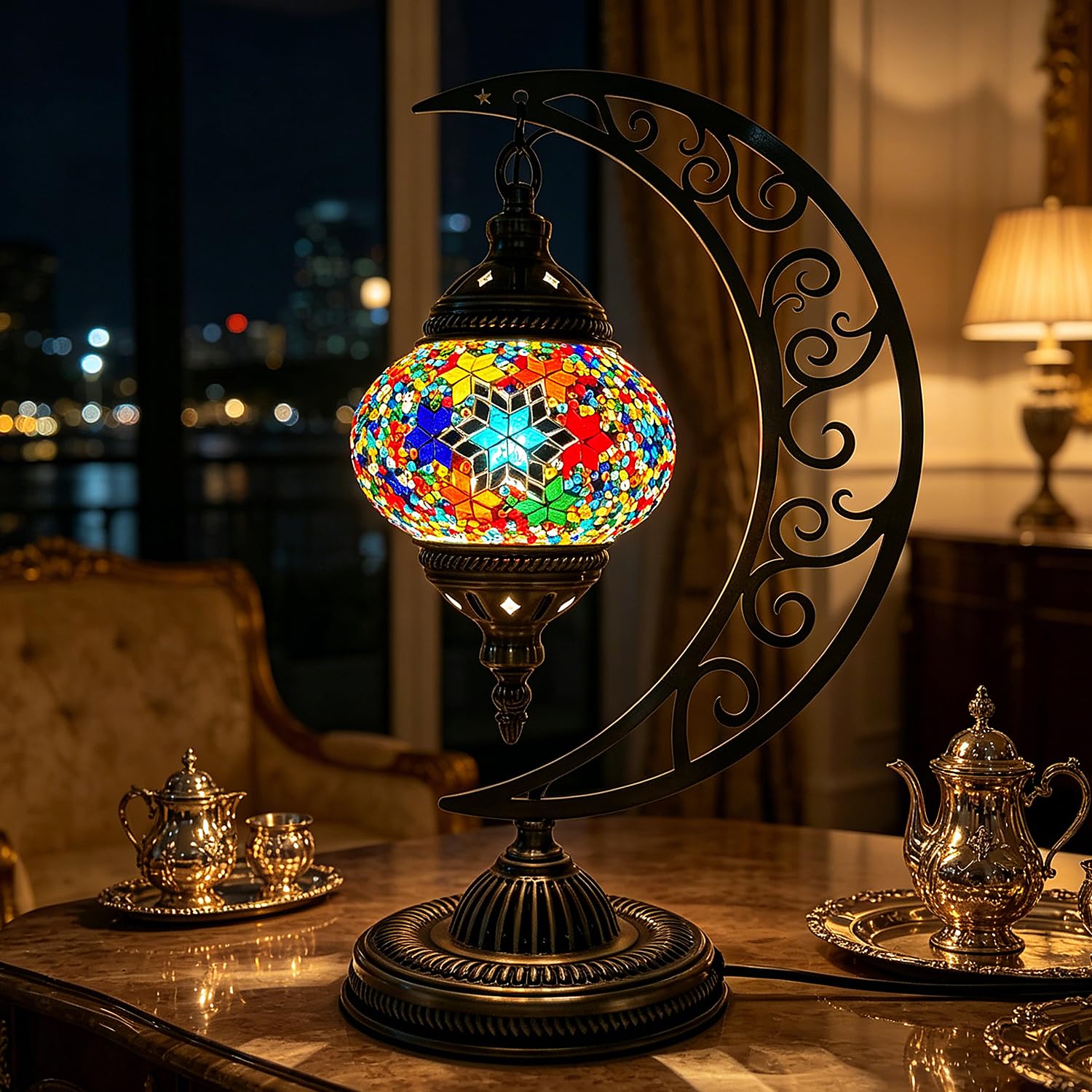 Moroccan Turkish Mosaic Table Lamp Moon Shaped with Bronze Base Mosaic Stained Glass Bedside Lamp USB Powered Turkish Night Light for Living Room Bedroom Dressing Room Decor(W 6.3in x H 15.35in) — image 1