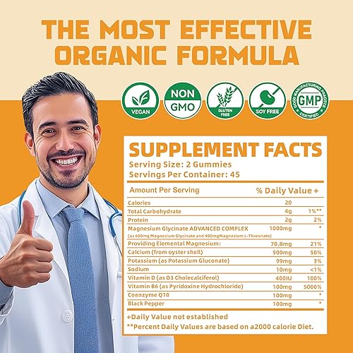 Miniatura 4 de Gomitas de glicinato de magnesio 1000 mg con L-treonato de magnesio, suplemento de complejo de magnesio y potasio quelado con VitD, B6, CoQ10,