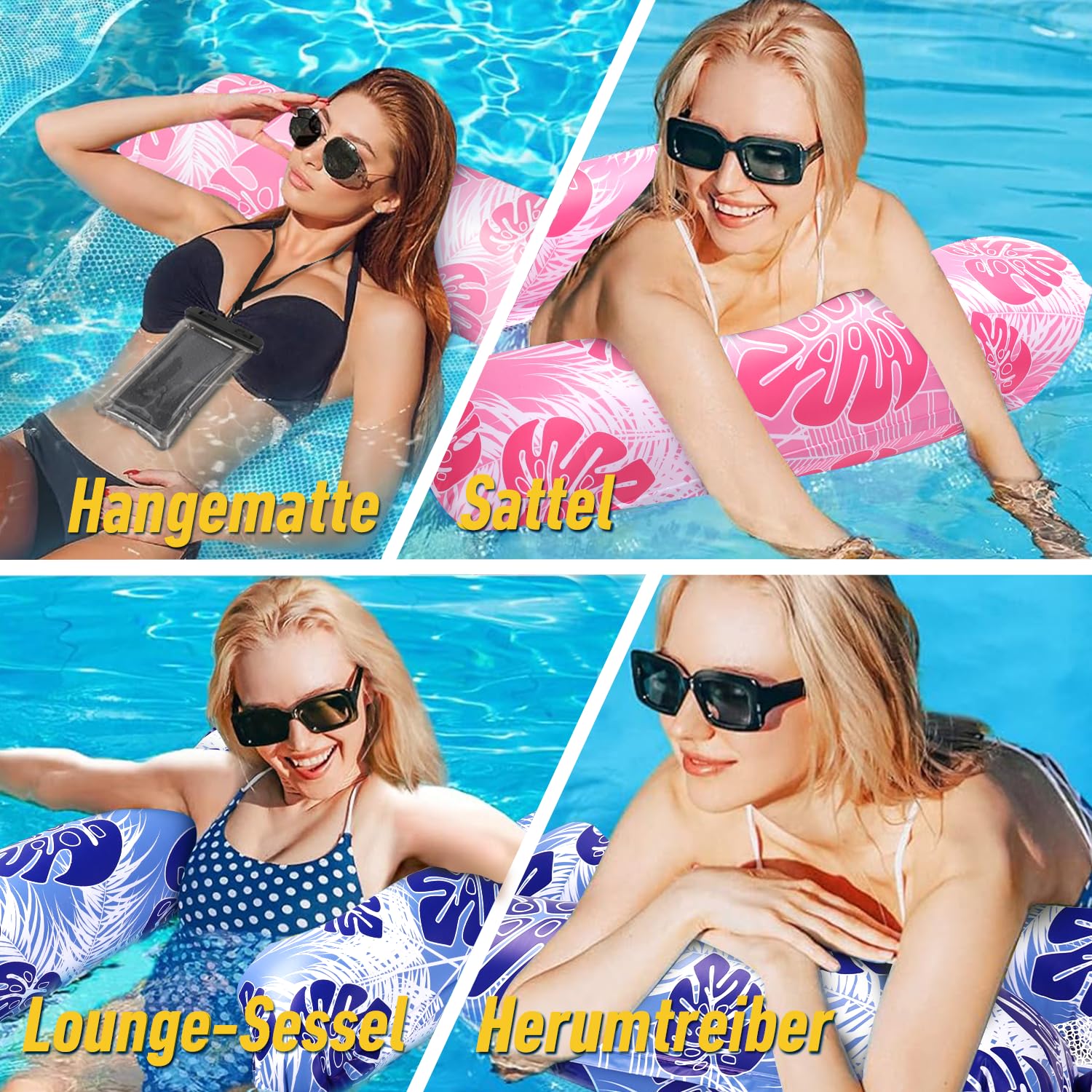 HOWAB Bouee Piscine Adulte Gonflable: 4 in 1 Hamac Piscine, Hamac Flottant de Plage, Bouées et Matelas Gonflables avec Pompe à Air et Porte-Boissons Gonflables pour Activités Nautiques (Bleu