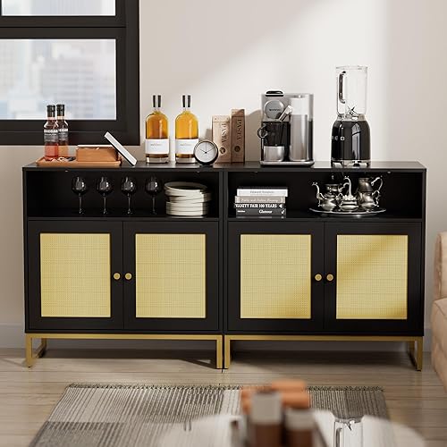 Miniatura 3 de Cozy Castle Juego de 2 aparadores tipo bufé, armario de ratán negro con almacenamiento y estantes ajustables, consola de armario, armario bohemio