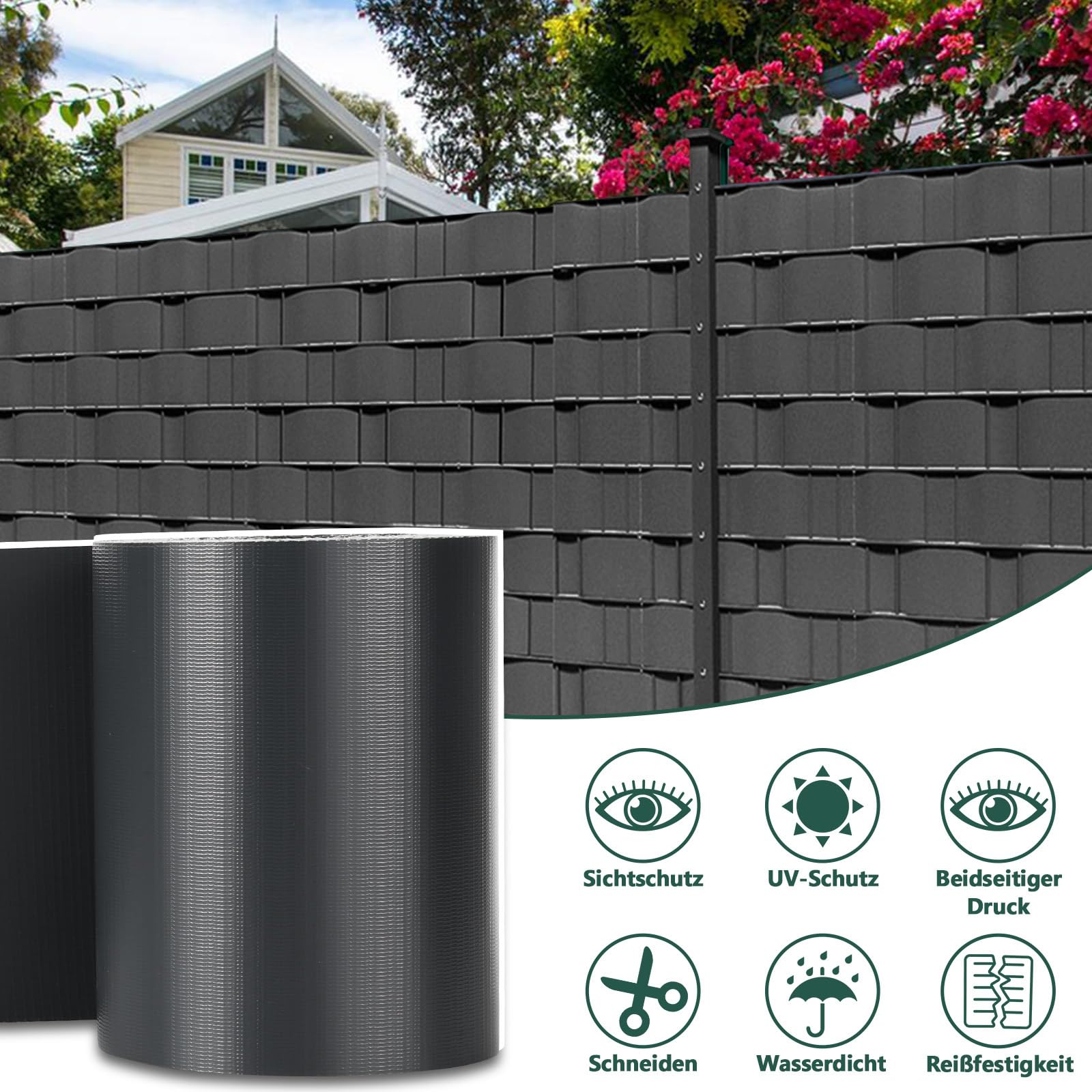 Sichtschutzstreifen für Doppelstabmatten, 210m x 19cm Wetterfester PVC Sichtschutz (450g/m²) inkl. 180 Clips. Ideal für Doppelstabmattenzaun, Garten & Balkon, Anthrazit