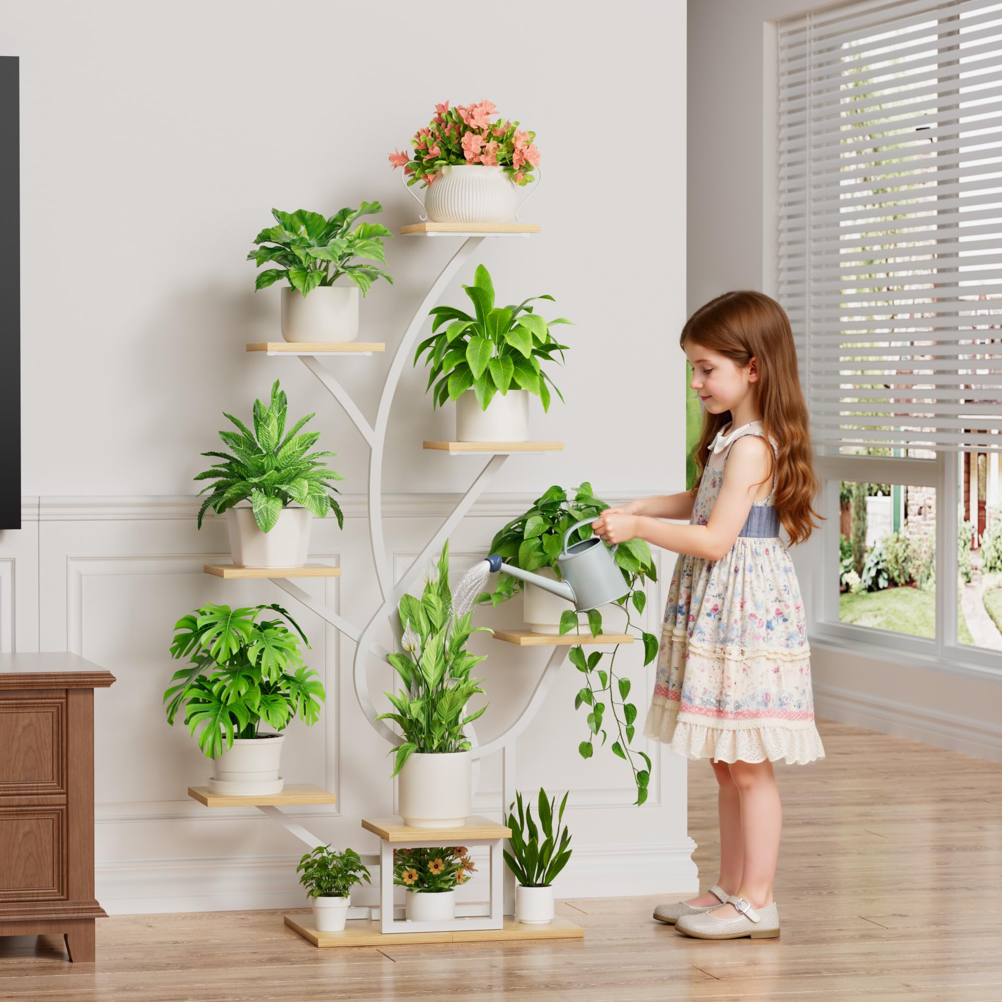 BACEKOLL Soporte para plantas con luz de crecimiento - 8 niveles, soporte para flores de 126 cm, metal y madera, estantería para plantas - para interior y exterior, escalera para flores - Blanco