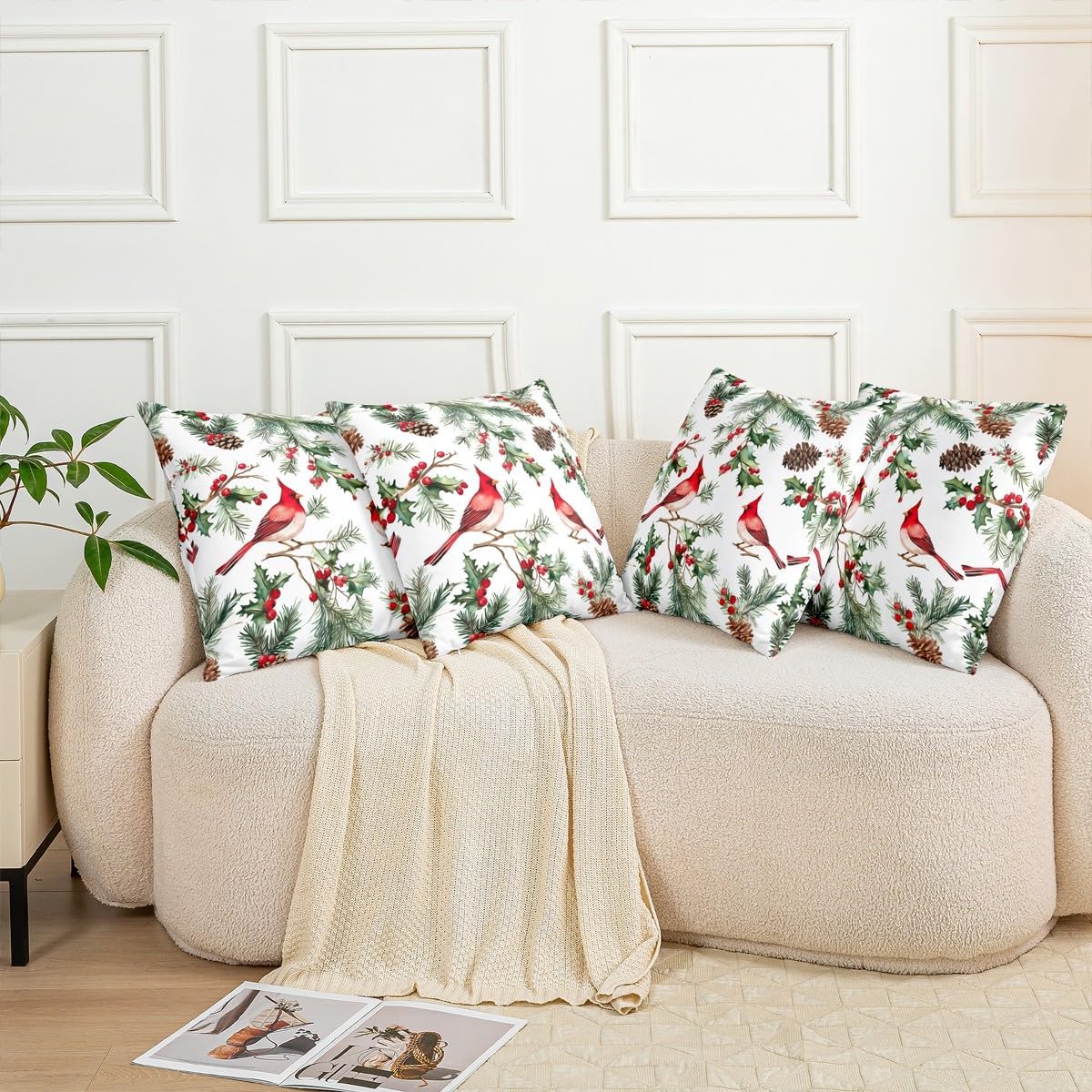 Erosebridal Christmas Red Bird Throw Pillow Covers 24x24 Cardinal Bird Animal Pillow Cover Merry Christmas Cushion Cover Xmas Leaves Pinecones Pillowcases for Couch Sofa