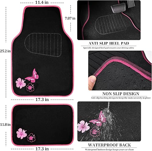 Miniatura 3 de CAR PASS Tapetes bordados de mariposas y flores, ajuste universal para 95% de automóviles, SUV, sedán, camionetas, para mujeres y niñas, juego de 4
