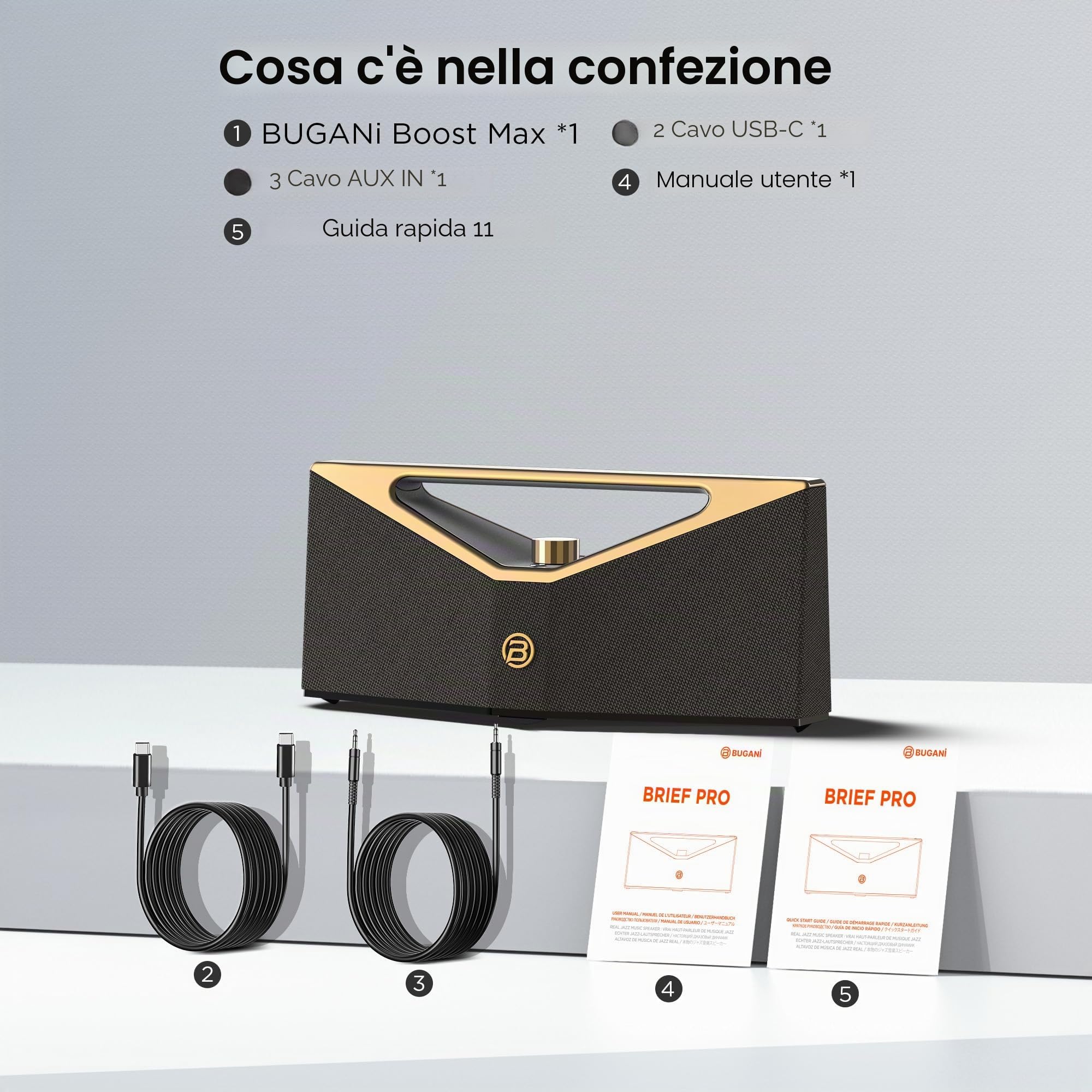 BUGANI Brief Pro Cassa Bluetooth Potente 160W | Hi-Res Audio 12 Ore di Riproduzione Altoparlante Portatile con Sottobasso per Jazz Esterno per Campeggio Spiaggia Festa
