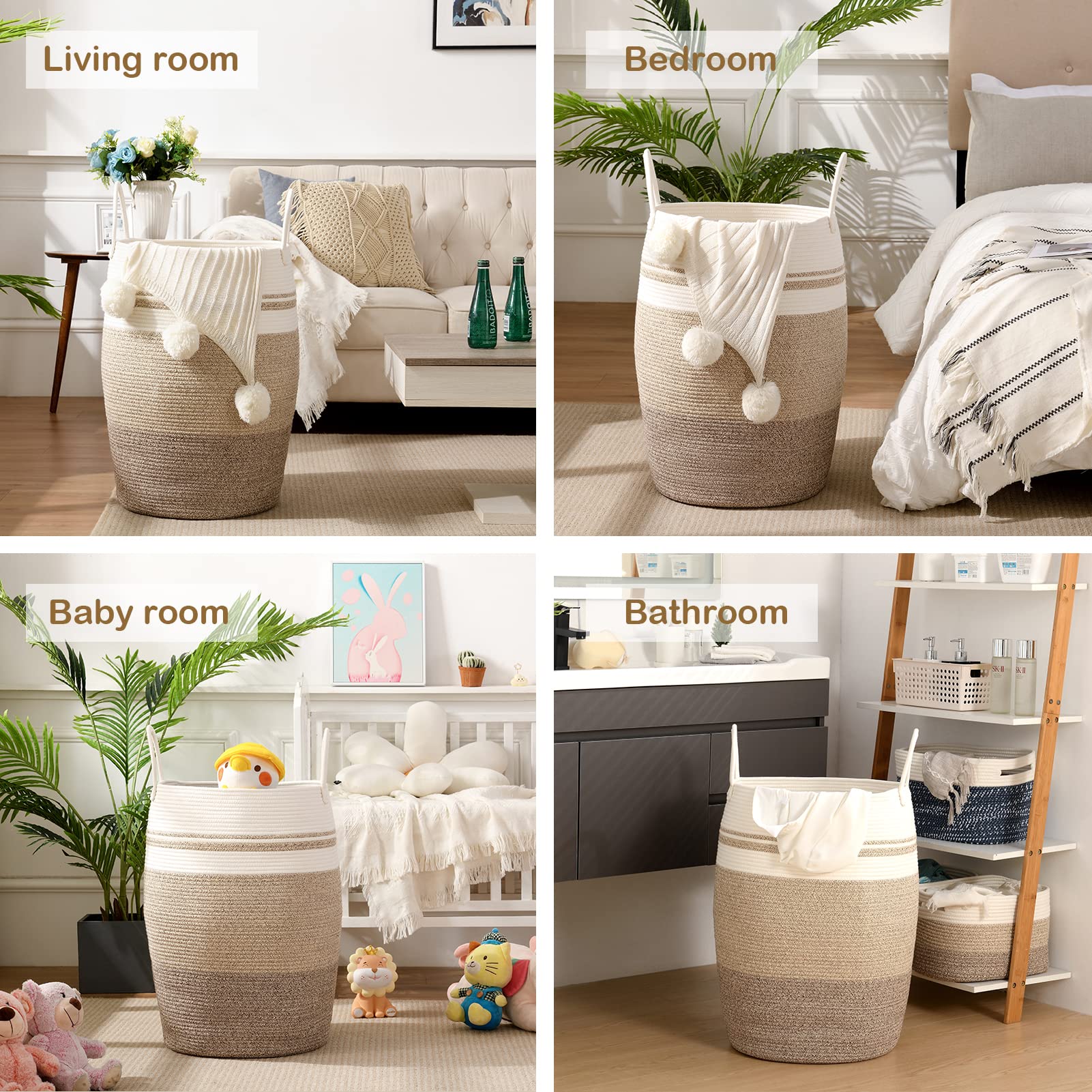 OIAHOMY Laundry Hamper Woven Rope Large Clothes Hamper 25.6" Cesta de lavandería de altura alta con manijas extendidas para ropa de almacenamiento Juguetes en el dormitorio, cuarto de baño, plegable