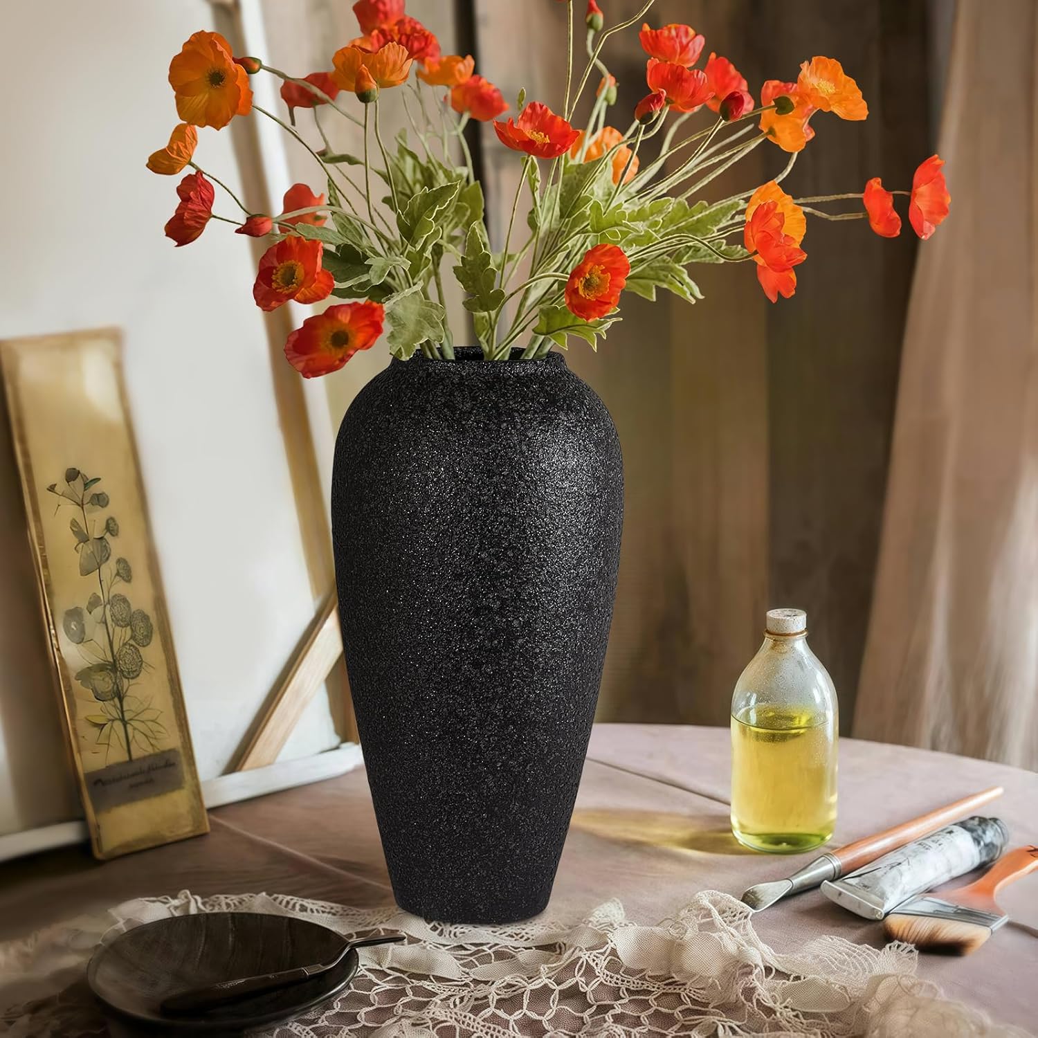 Large Rustic Ceramic Floor Vase, 13.4 Inch Black Tall Pottery Farmhouse Home Decor Vase for Living Room Entryway Table Centerpiece Decor,Boho Clay Terracotta Vases for Wedding Housewarming Gift