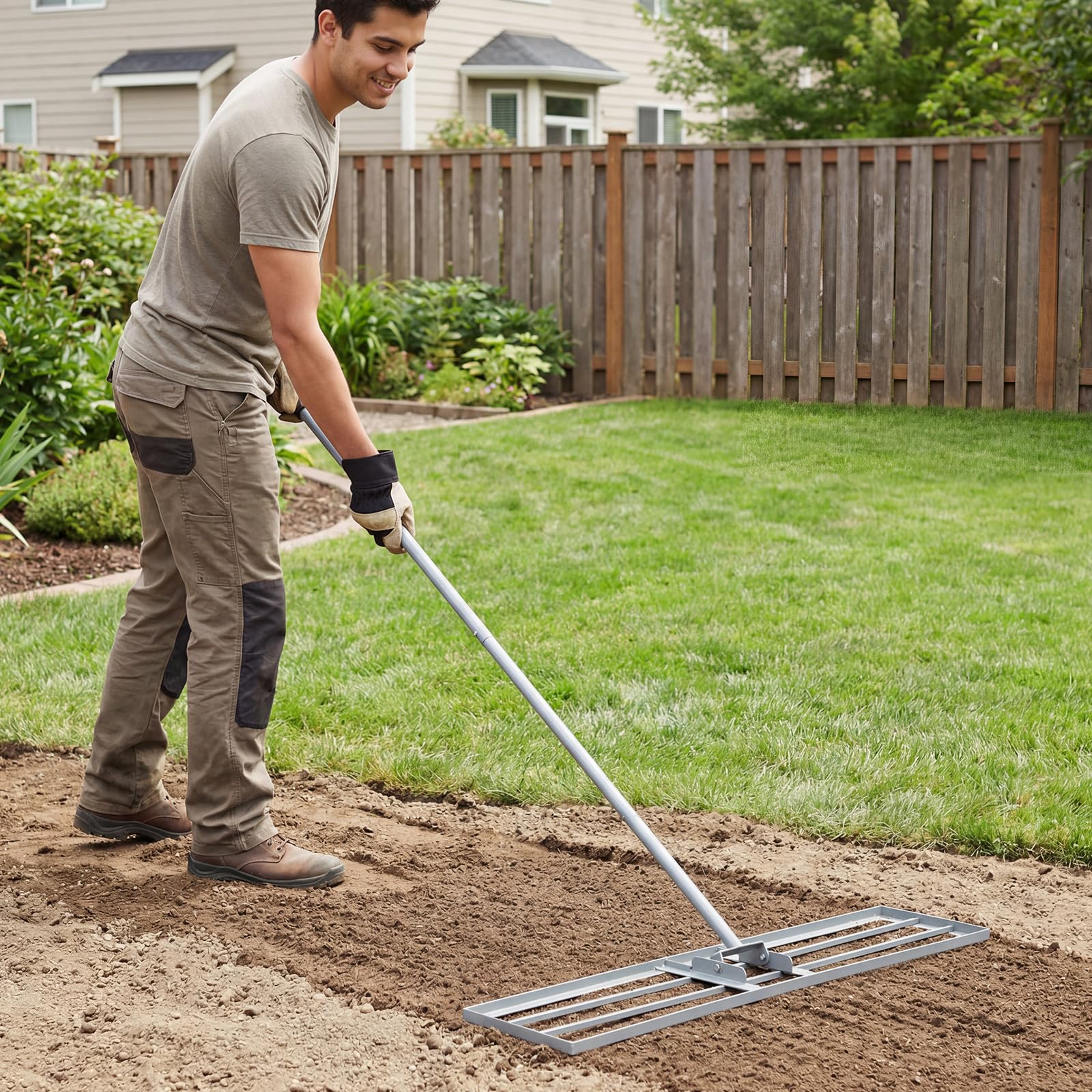 Rastrello livellatore per prato, livellatore per prato in metallo resistente con manico regolabile, strumento per livellare il terreno senza fatica per giardino, prato, campo da golf (verde, 91 x 2