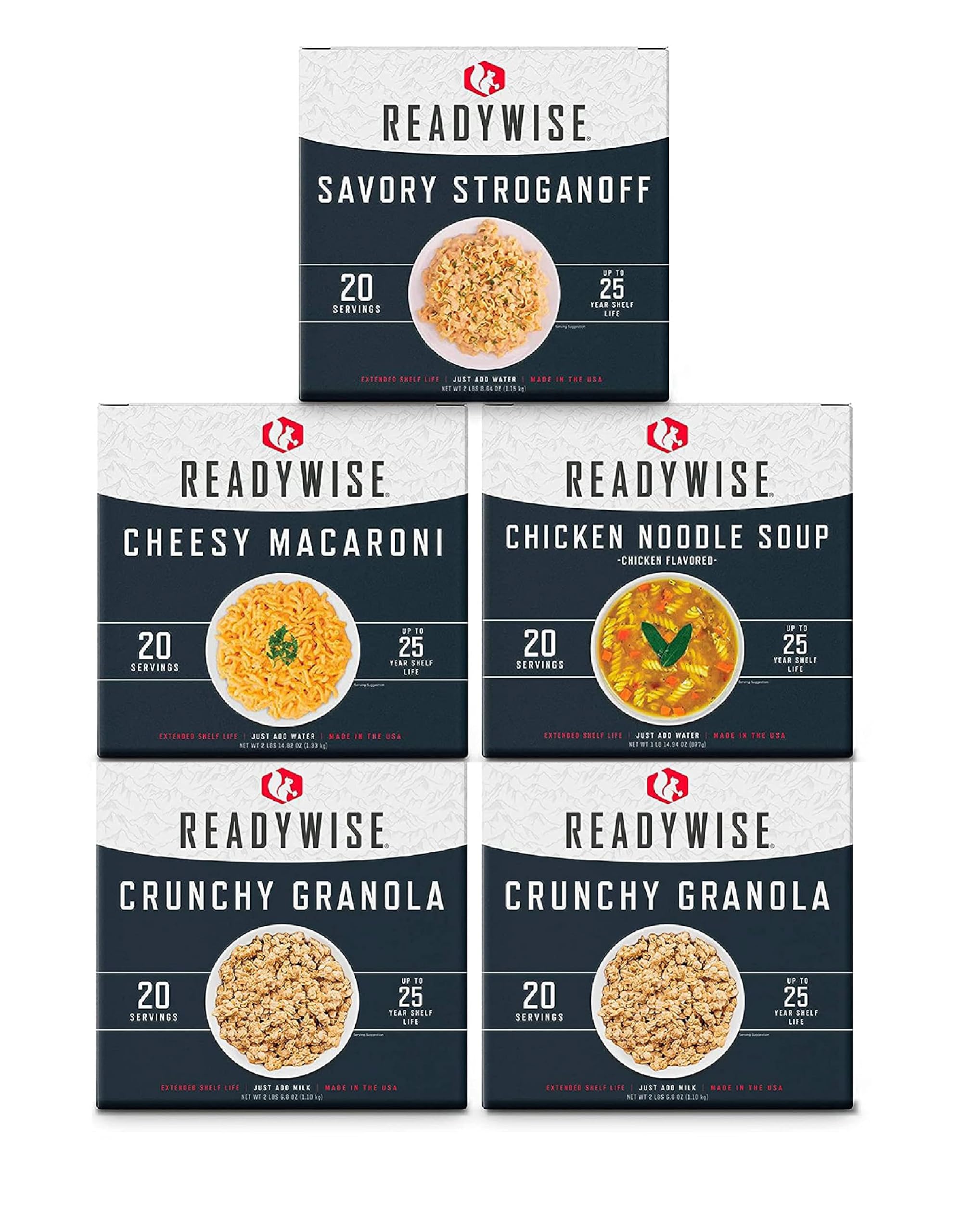 READYWISE - Breakfast & Entrée Box Kit, 100 Servings, 5 Boxes, Freeze Dried Food, MRE, Emergency Kit, for Hiking, Camping Essentials, Hurricane Preparedness Items, & Food Storage, 25-Year Shelf Life