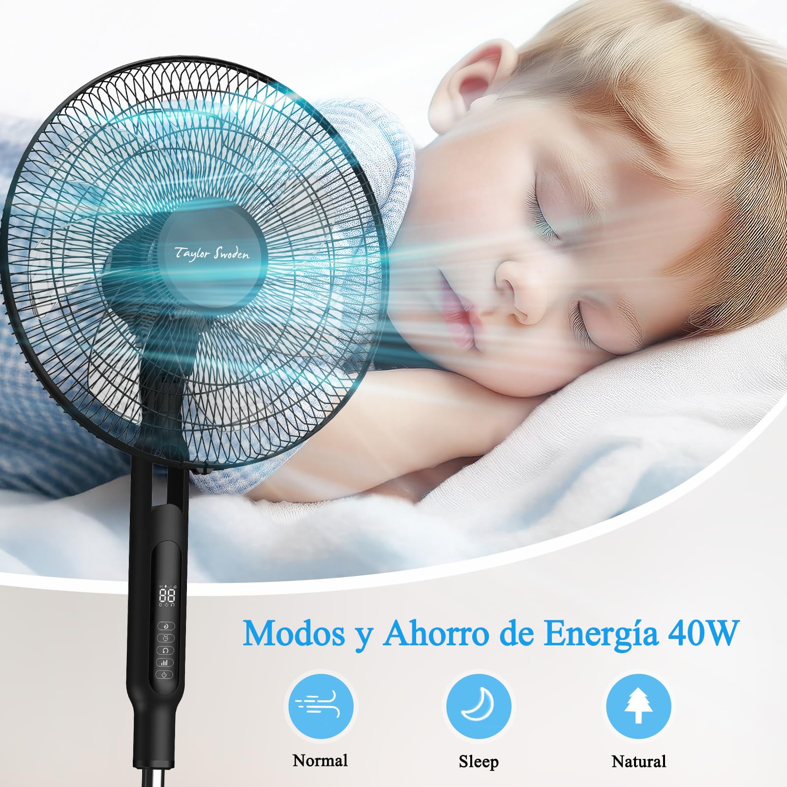 Taylor Swoden Ventilador de pie, Silencioso Motor Brushless DC Mando, 28 Velocidades, ECO, 40W, 3 modos, 12H Time, LED, Ajustable en altura(125-135cm), con Mando, ranura anti-mosquitos,Negro