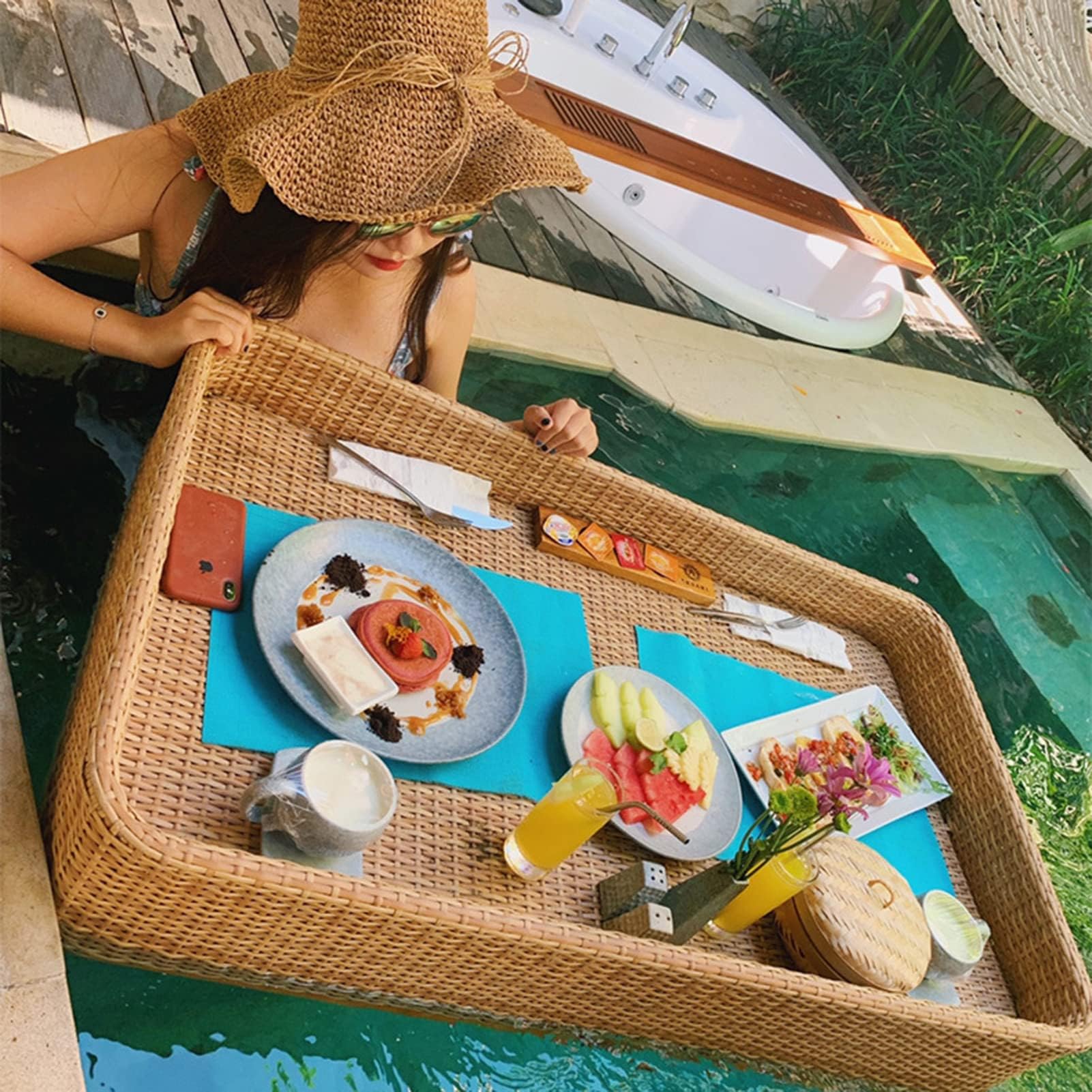 SHUI Rattan Woven Serving Tray, Food Tray With Rectangle-shaped Floating Tray Luxury Floating Serving Tray Table Bar Swimming Pool Floating Tray for Pool Serving Drinks B brown