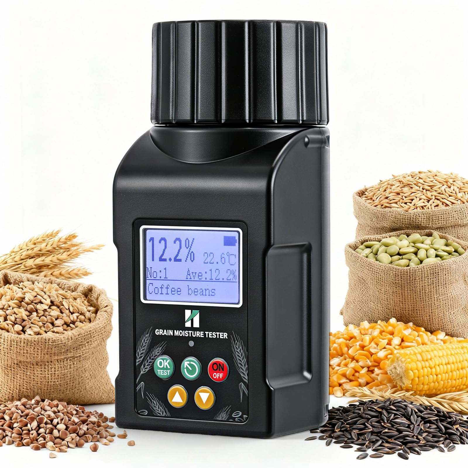 Huanyu Getreide Feuchtigkeitsmessgerät Grain Moisture Meter für 40 Sorten, ±0.5% Genauigkeit, Feuchtigkeitsmesser mit 14 Sprachen inkl. Deutsch, Temperaturkompensation, für Weizen, Rohkaffee und mehr