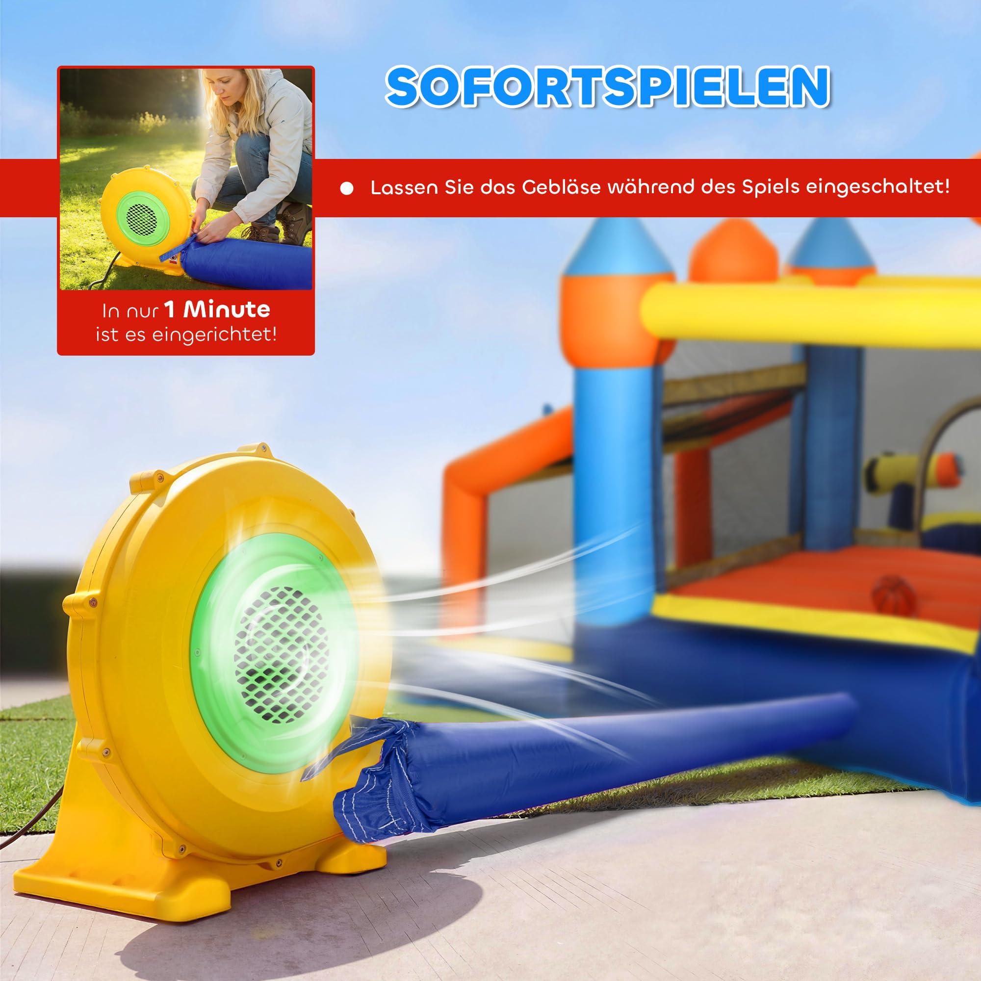 AIYAPLAY Hüpfburg mit Gebläse 8-in-1 aufblasbare Wasserpark mit Wasserrutsche Planschbecken Trampolin Kletterwand Basketballkorb Springburg für 4 Kinder von 3–8 Jahren für Indoor Outdoor 350x325x210cm