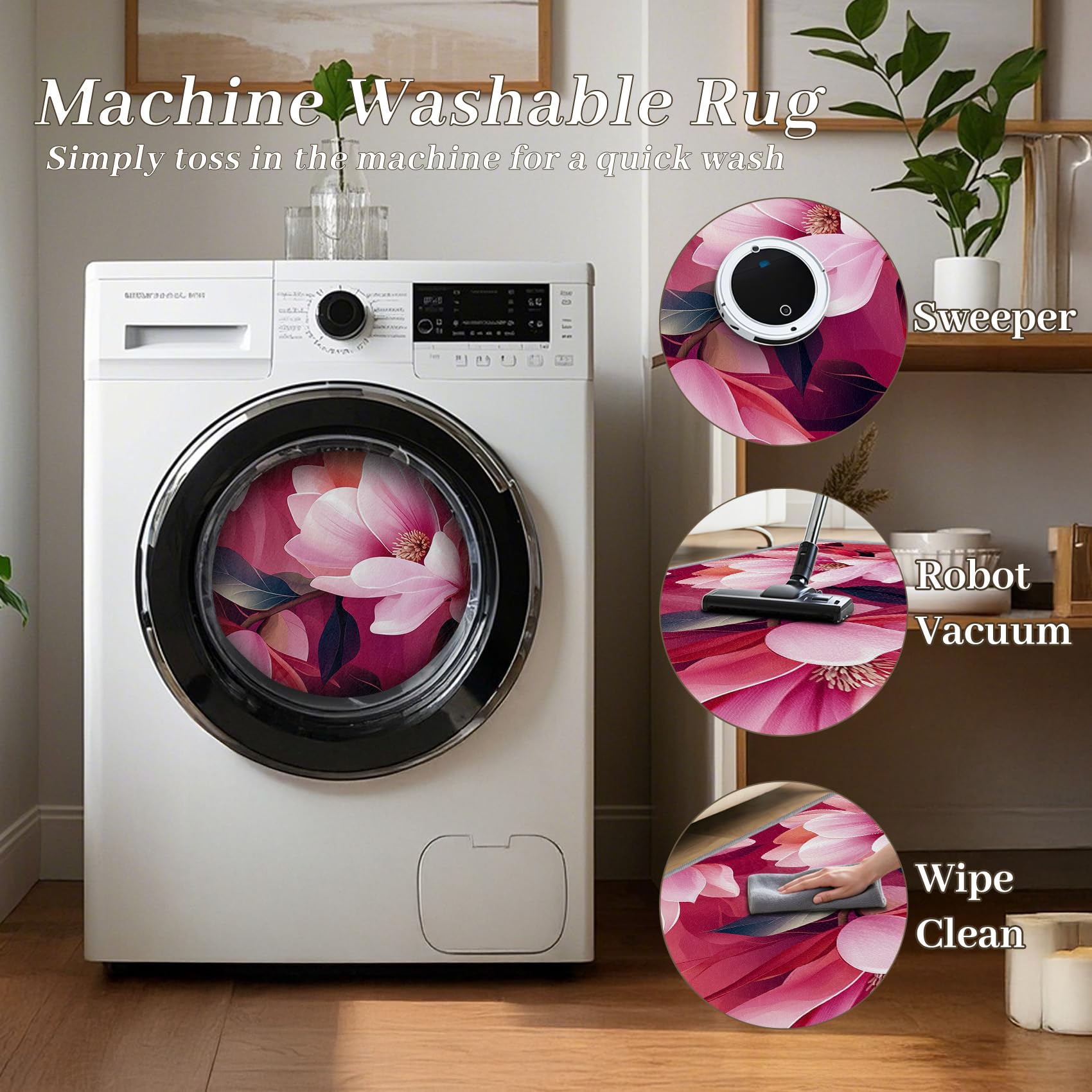 Blumen Teppich Wohnzimmer 200x300 cm,Rosa Magnolie Geblümt Teppiche Waschbar Für Schlafzimmer,Blüten Mädchen Waschbar rutschfest Weich Groß Esszimmer, Rosa Rot Dunkelgrün