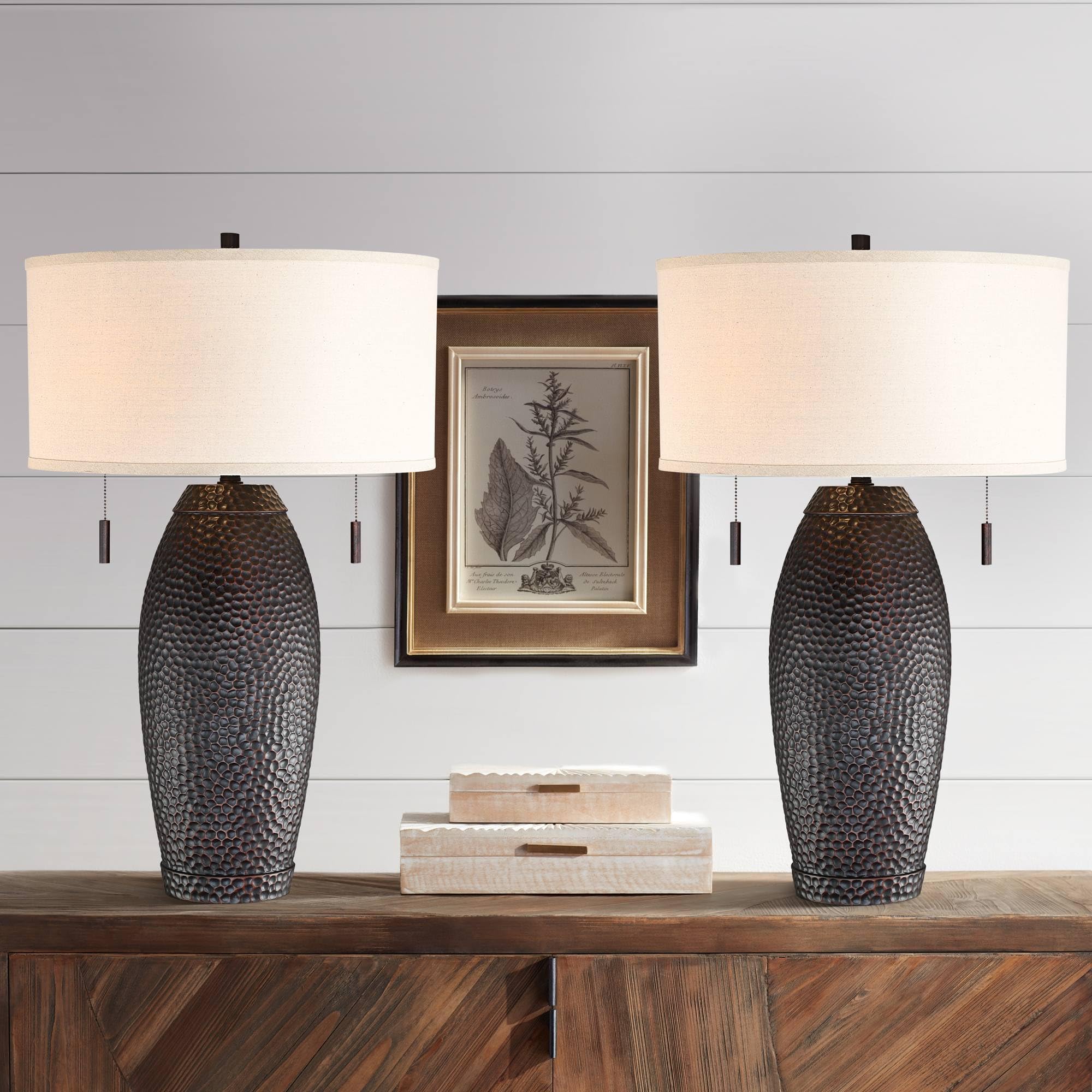 Franklin Iron WorksNoah 31" Tall Vase Large Farmhouse Rustic Mission Western End Table Lamps Set of 2 Pull Chain Brown Hammered Bronze Finish Living Room Bedroom Bedside Nightstand Oatmeal Shade