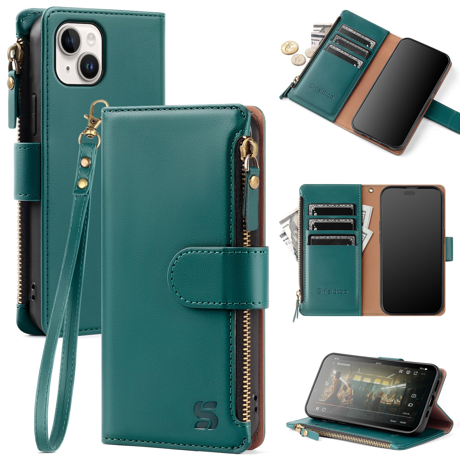 Shieldtop for iPhone 15 Wallet Case with Card Holder,Blue Green | RFID Blocking,PU Leather Cover,with Credit Card Holder Slots,Wrist Strap Lanyard &