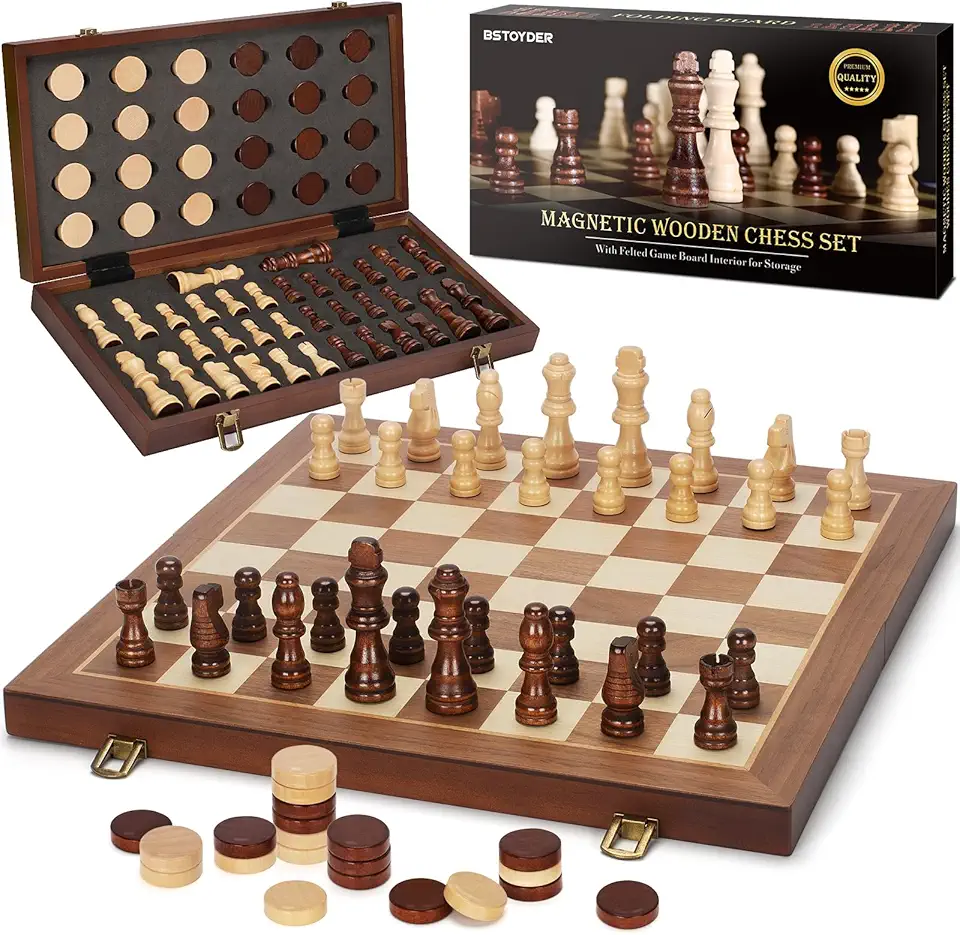 2 in 1 Magnetic Wooden Chess and Checkers Board Game Set, 15" Folding Chess Boards with 2 Extra Queens, Portable Travel Chess Sets with Pieces Storage Slots, Beginner Chess Game Set for Kids, Adu