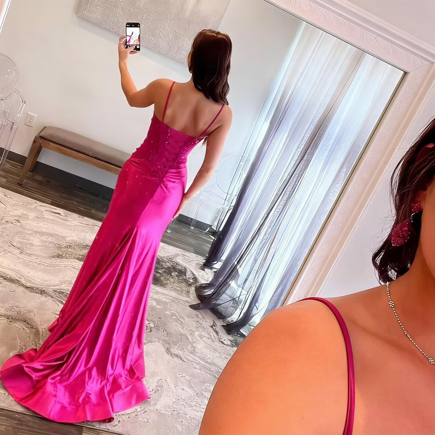 Lace Applique Satin Prom Dresses for Women 2026 Spaghetti-Strap Mermaid Long Formal Evening Gowns with Slit