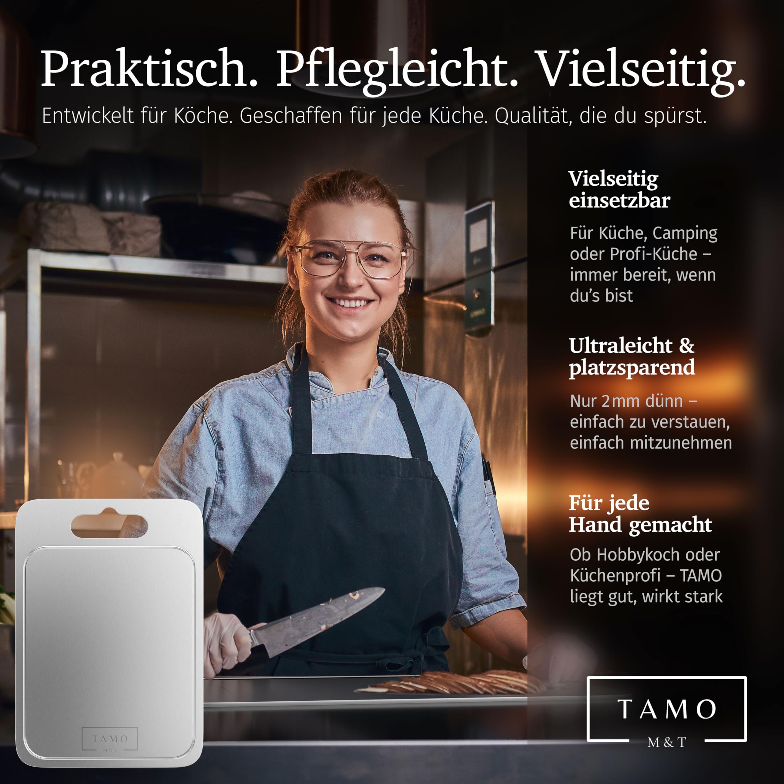 TAMO Titan Schneidebrett, mit Saftrille, aus 100% reinem Titan, hygienisch, antibakteriell & langlebig, titanium chopping board, ideal für Fleisch, Obst, Gemüse, Küche, Camping & Outdoor (L)