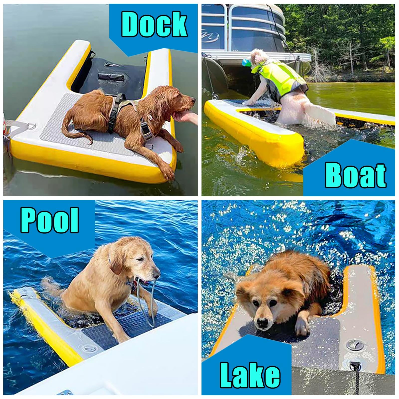 Rampa de Agua Para Perros Escalera de agua para perros con escalones 3D antideslizantes y bomba/kit de reparación, rampa flotante inflable para piscina/plataforma para perros en playas, muelles(Black,