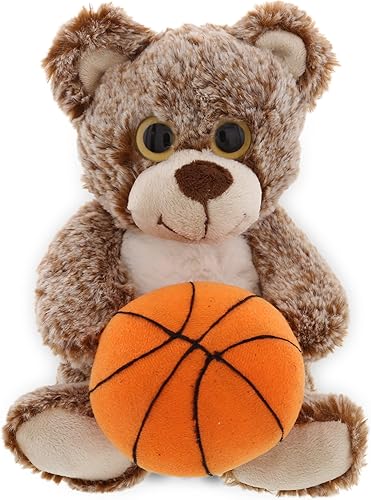 DolliBu Oso marrón sentado con peluche de baloncesto, oso de peluche suave abrazable, adorable juguete de peluche para jugar, lindo regalo de vida