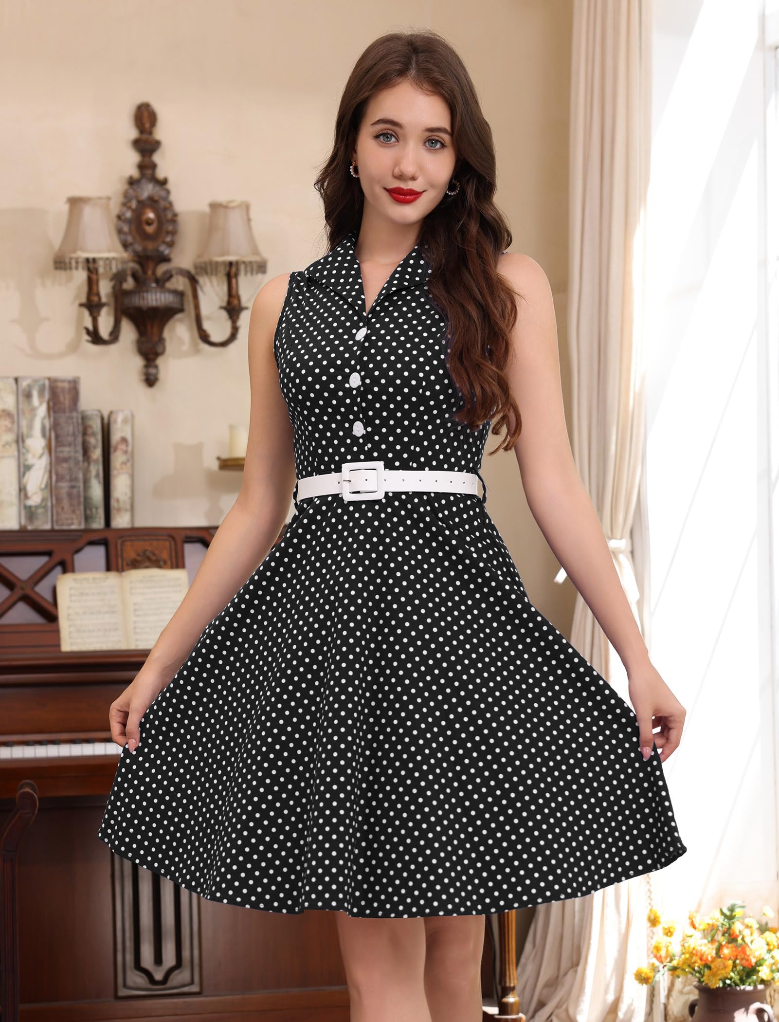 Abito da donna vintage anni '50s Rockabilly Swing Elegante Polka Dot Revers Cocktail Audrey Hepburn Style Formal Prom Tea Party Midi Abiti con cintura