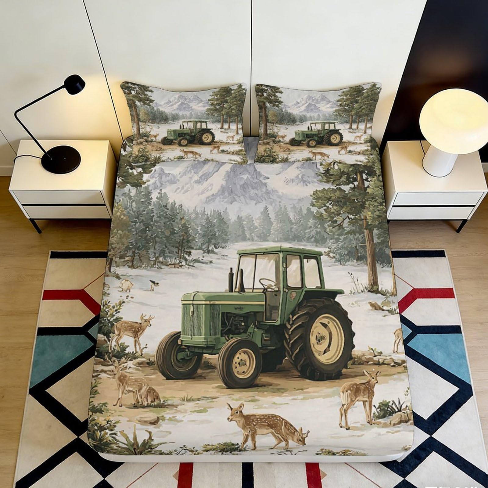 3D Printed Green Tractor Fitted Sheet Microfiber Durable Soft Deer Pattern Bed Cover for Bedroom Dormitory Guest Room Mattress Protection 120x200x25cm