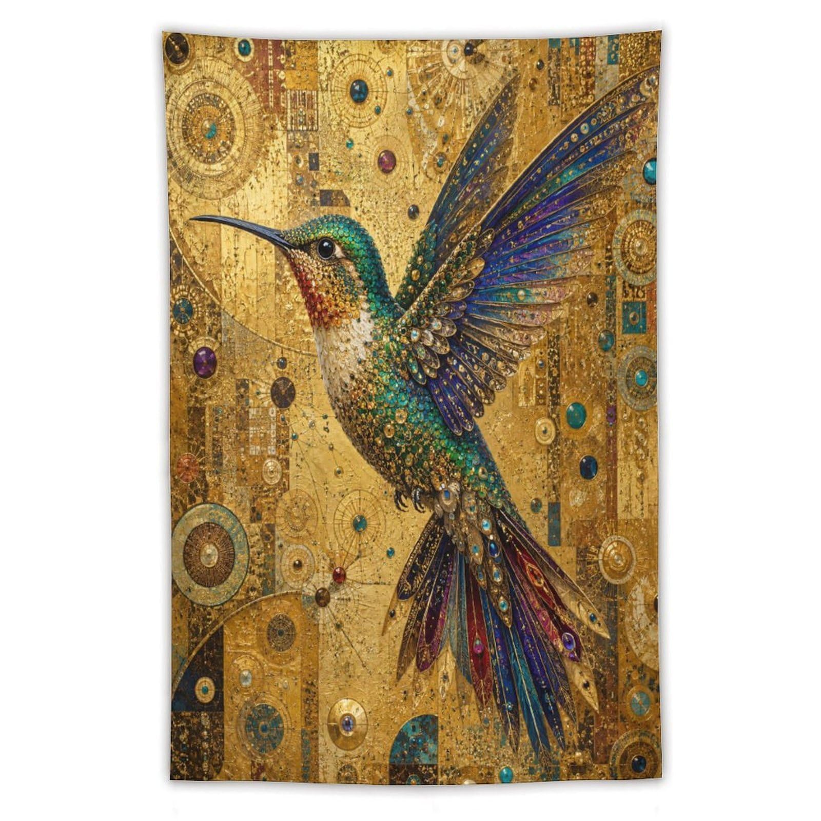 W7C8U2X3 Golden Hummingbird Collage Wall Tapestry, Realistic Illustration