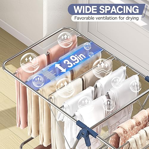 Miniatura 4 de APEXCHASER Estante de Secado de Ropa con 4 Alas, Estante de Secado de Ropa de Acero Inoxidable con Altura Ajustable, Plegable, Estante de Secado de