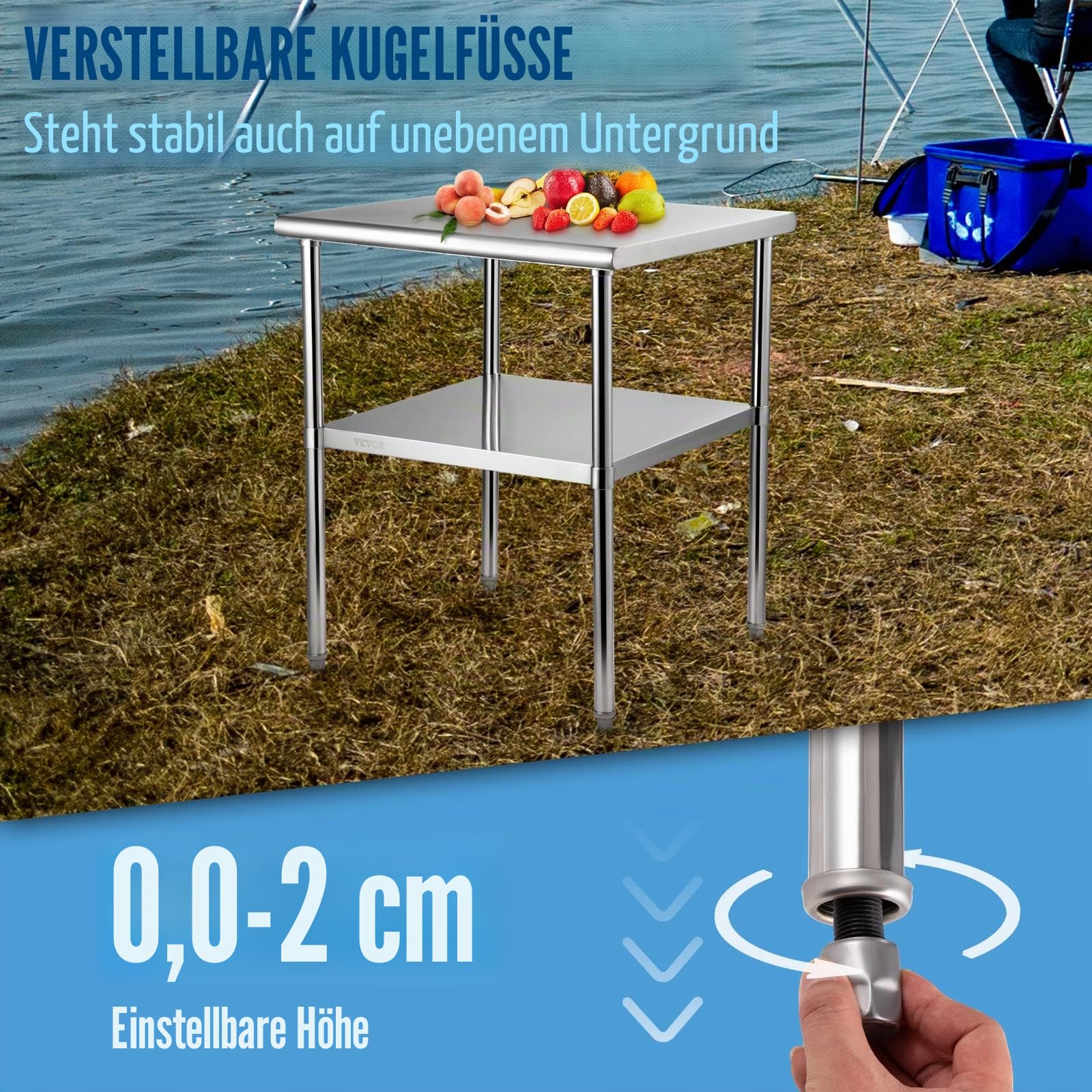 VEVOR Kommerzieller Edelstahltisch 76,2 x 76,2 x 91,4 cm, Edelstahl Zweilagiger Arbeitstisch Zerlegetisch Gastro 226 kg + 136 kg Tragfähigkeit, Gewerbe Küchentisch, Zubereitungstisch Küchenmöbel