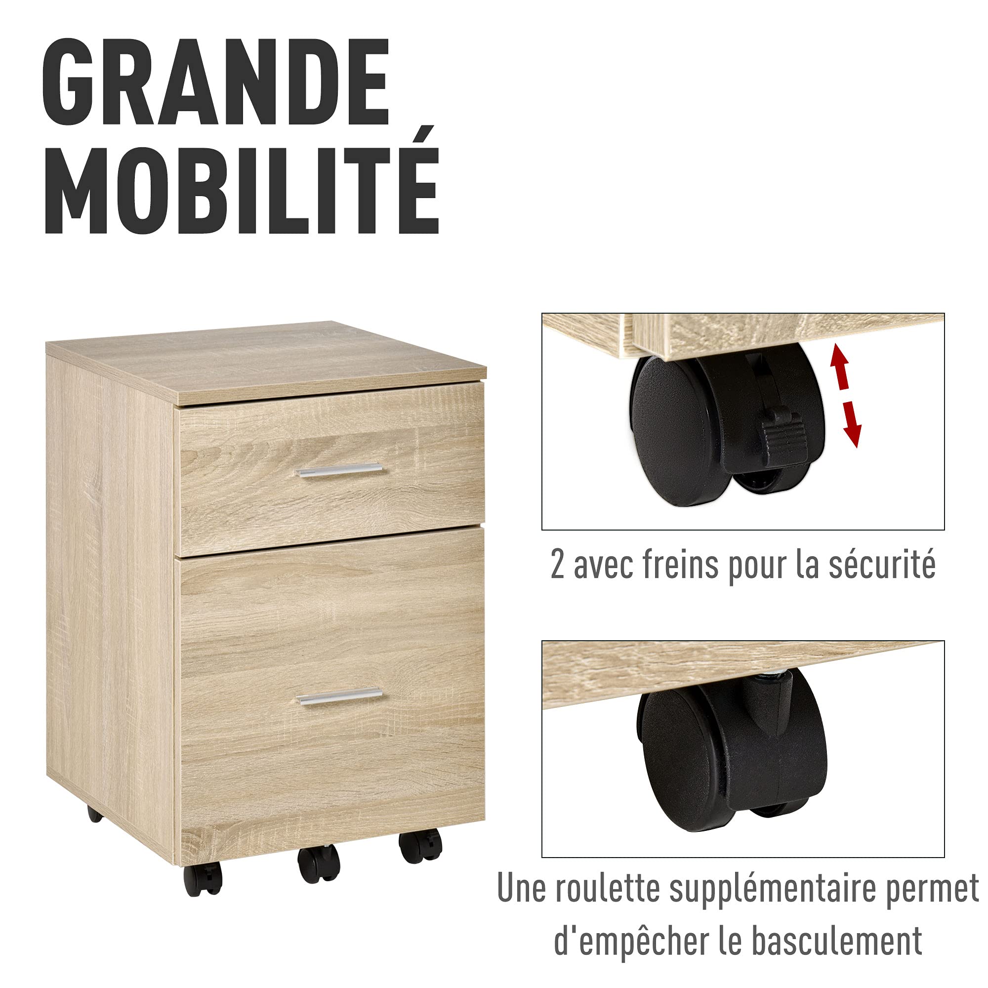 HOMCOM Caisson de Bureau 2 Tiroirs 5 roulettes 39,5 x 39 x 58,5 cm Chêne | Caisson de Rangement Mobile, en Panneau de Particules