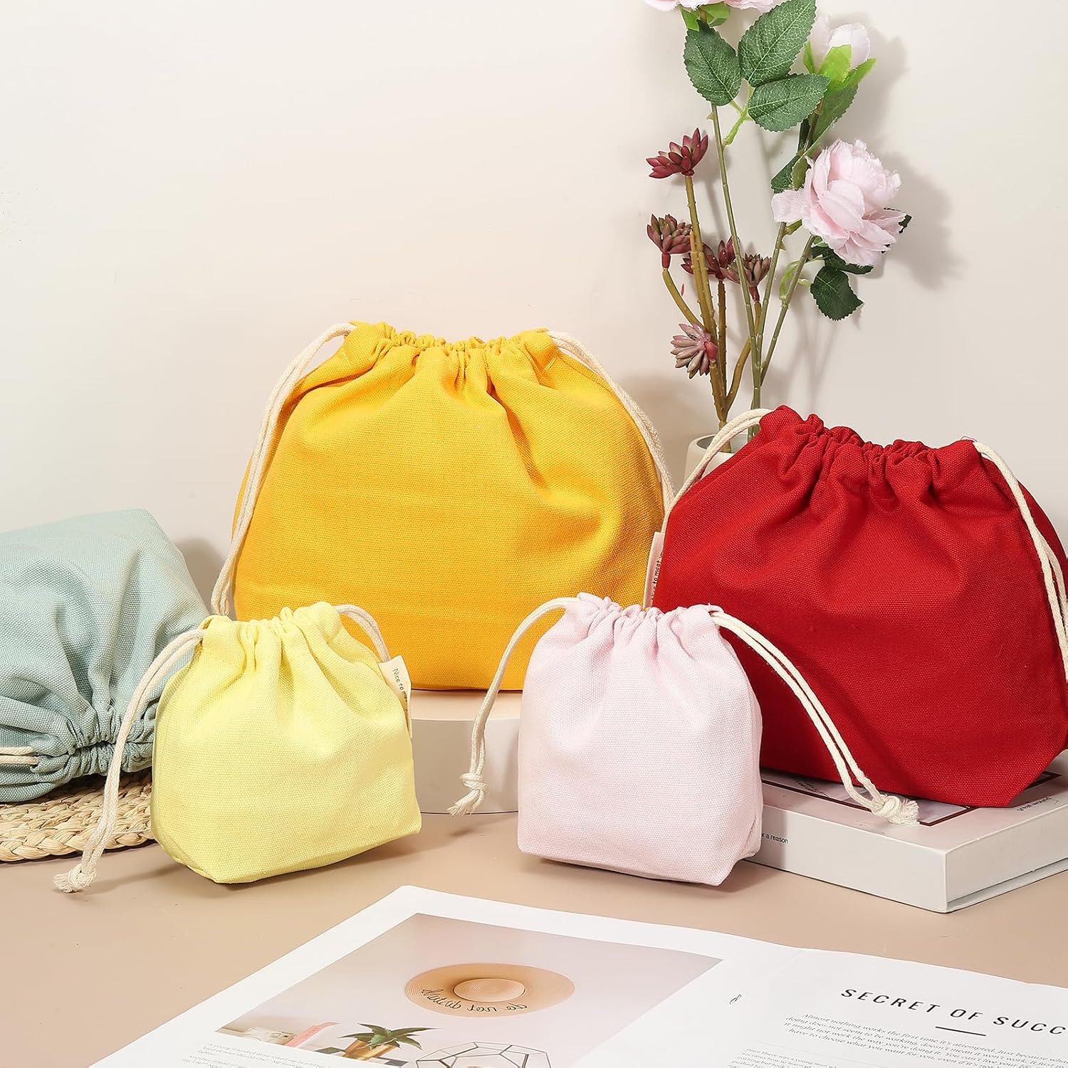 uxcell 2 Pcs Drawstring Makeup Bag, 7.3" Canvas Cosmetic Bag Women's Make Up Bags Toiletry Organizer Pouch for Travel Toiletries Accessories, Blue image 4