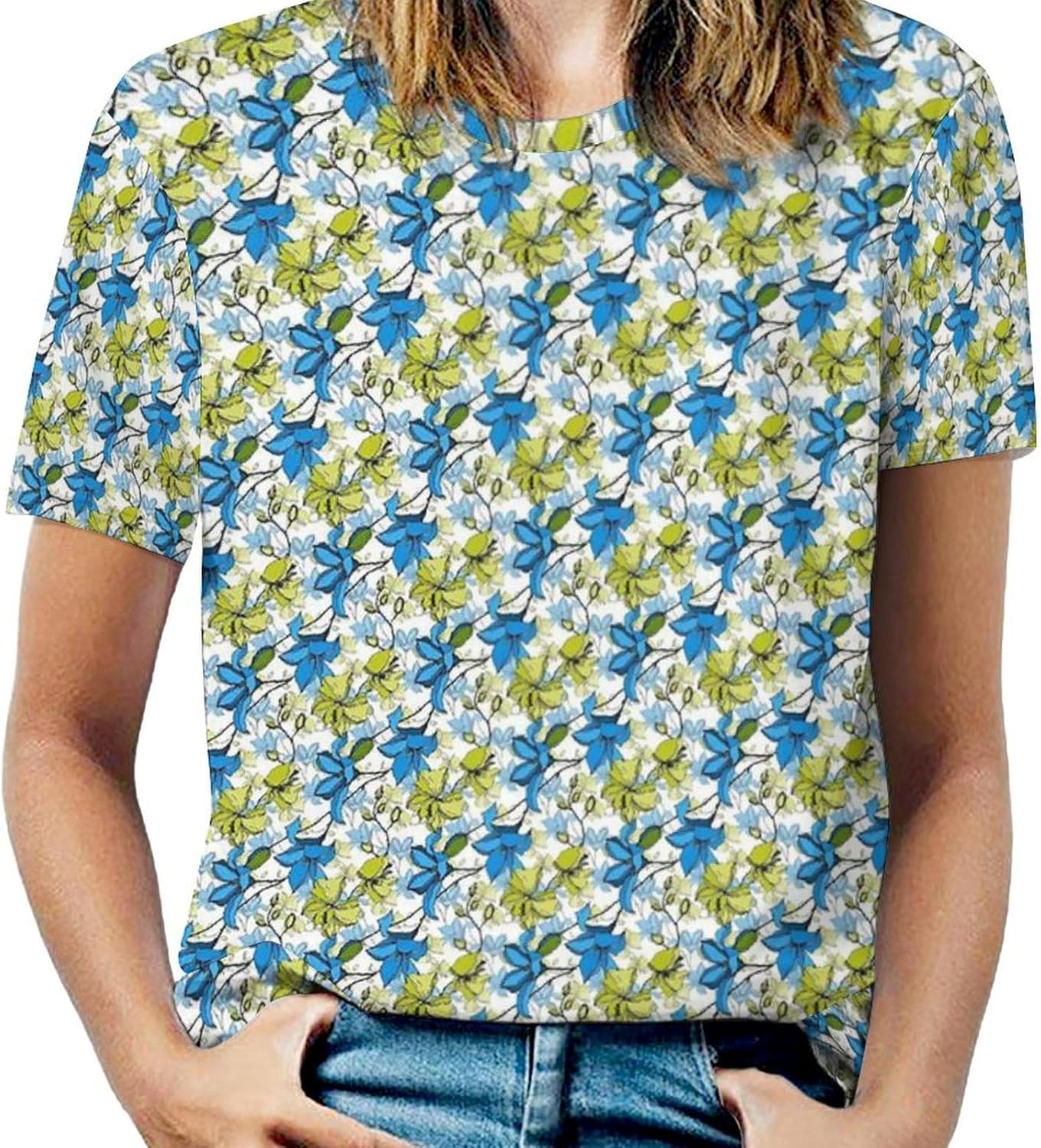 Womens T Shirts Flowers Printed Summer Tops Casual Crew Neck Tshirts ...