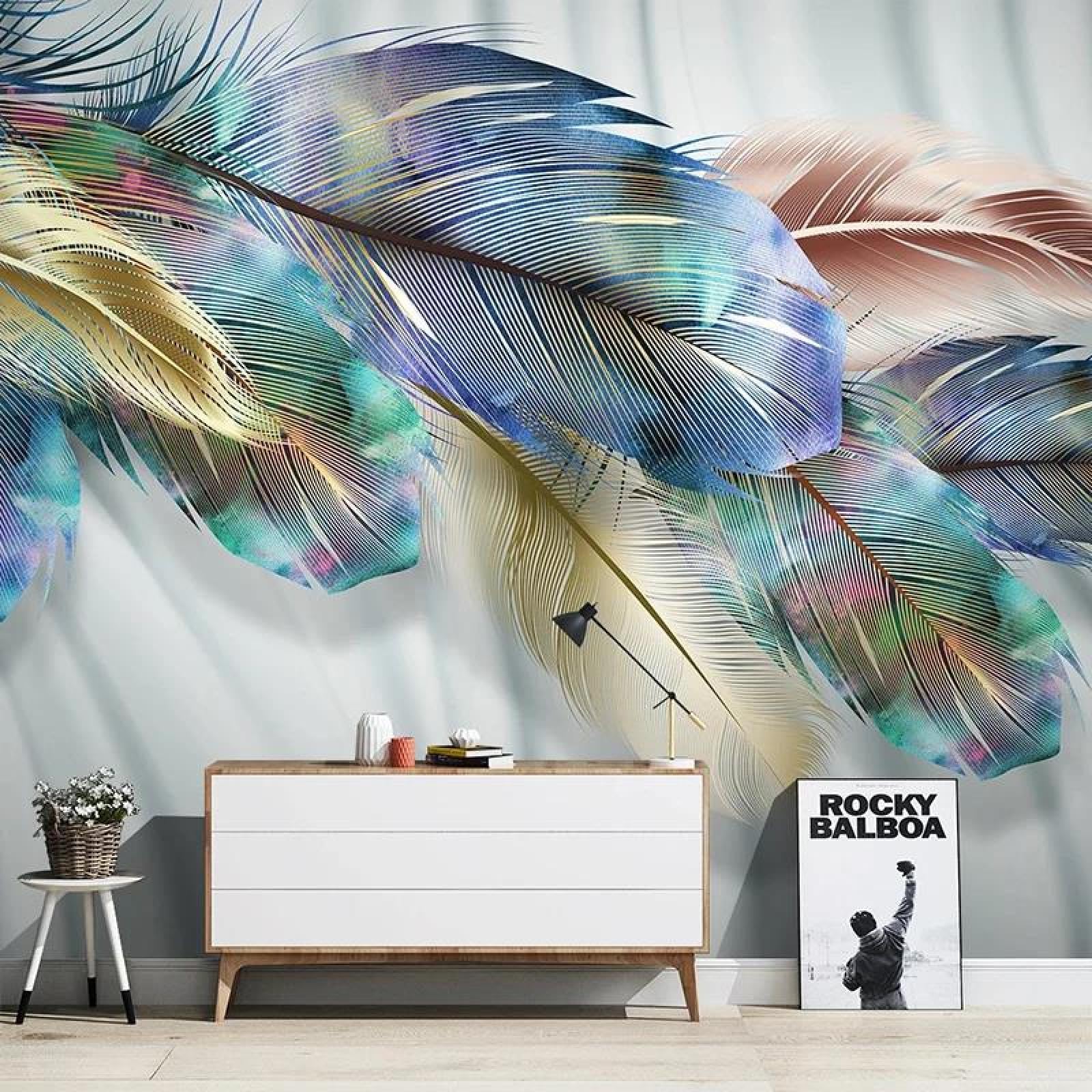 Peinture murale 3D plumes colorées pour créer un salon cosy