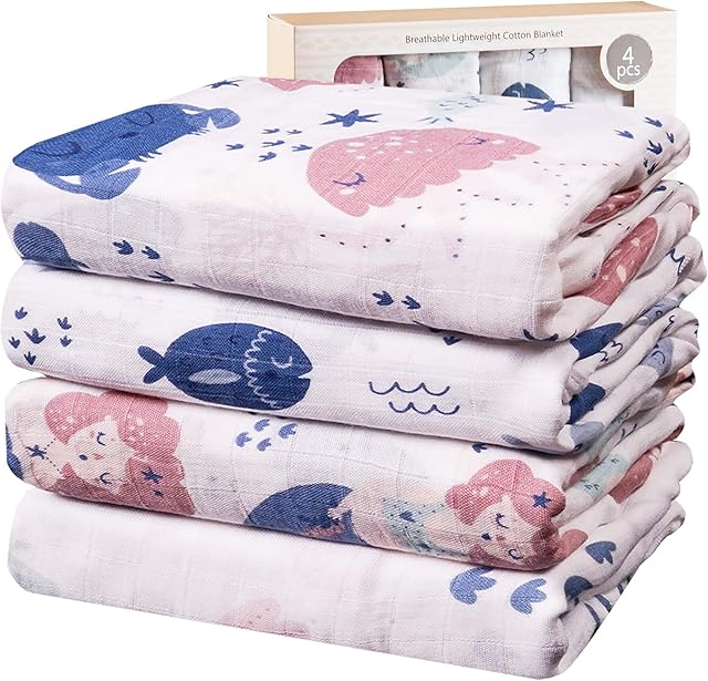 Viviland Baby Muslin Cloths Pack of 4, 120 X 120 cm Bamboo Cotton Swaddle Blanket for 0 - 3 Months Newborn, Breathable Soft Baby Swaddle Wrap for Unisex Boys and Girls