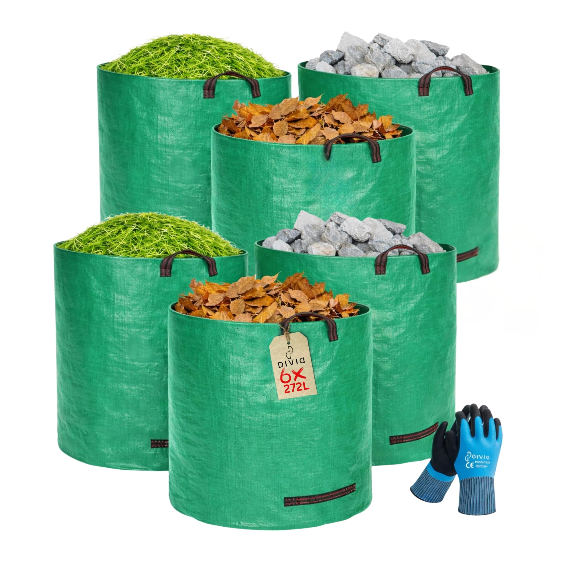 DIVID® Gartensäcke mit Handschuhen & Trageschlaufen |Gartensack 6x 272L Set Laubsack Gartenabfallsack - Selbststehend 4 Griffe Stabil Robust & Faltbar - Rasenschnitt für Gartenabfälle Grünschnitt
