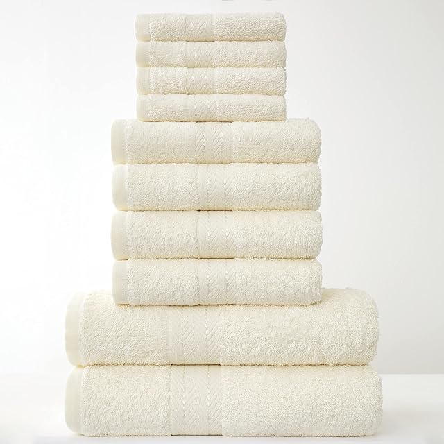 Lions Towels Family Bale Set - 10 Piece 100% Egyptian Cotton, 4x Face 4x Hand 2x Bath Towel, Premium Quality Highly Water Absorbent Bathroom Accessories, Machine Washable, Cream Standard,544692