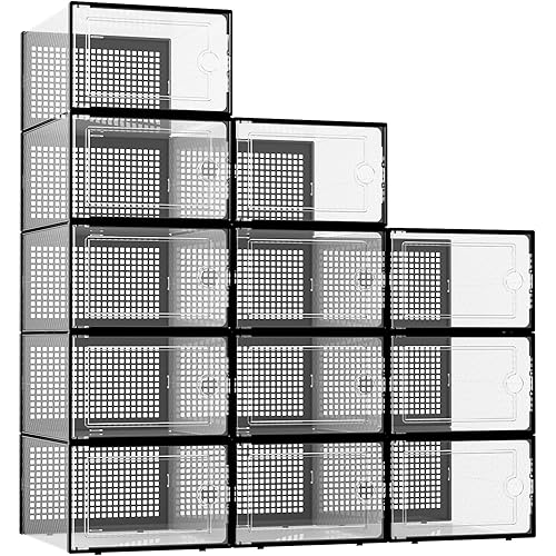 Kuject XX-Large Shoe Storage Boxes Organizers Clear Plastic Stackable 12 Pack, Shoe Rack & Holder Substitute, Sneaker Containers, Toy Storage Organizer Bins for Entryway, Closet, Under Bed, Black
