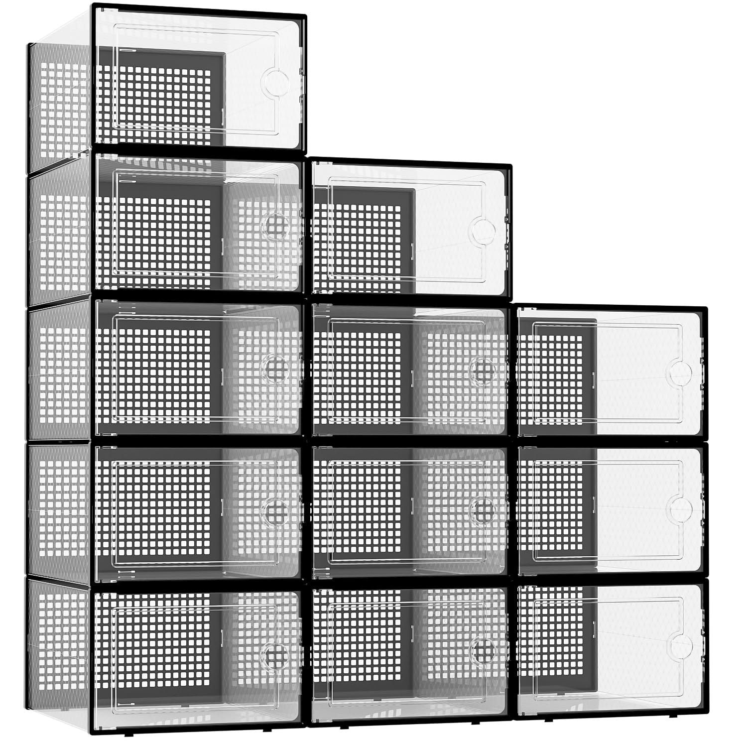 Kuject XX-Large Shoe Storage Boxes Organizers Clear Plastic Stackable 12 Pack, Shoe Rack & Holder Substitute, Sneaker Containers, Toy Storage Organizer Bins for Entryway, Closet, Under Bed, Black XX-Large Black