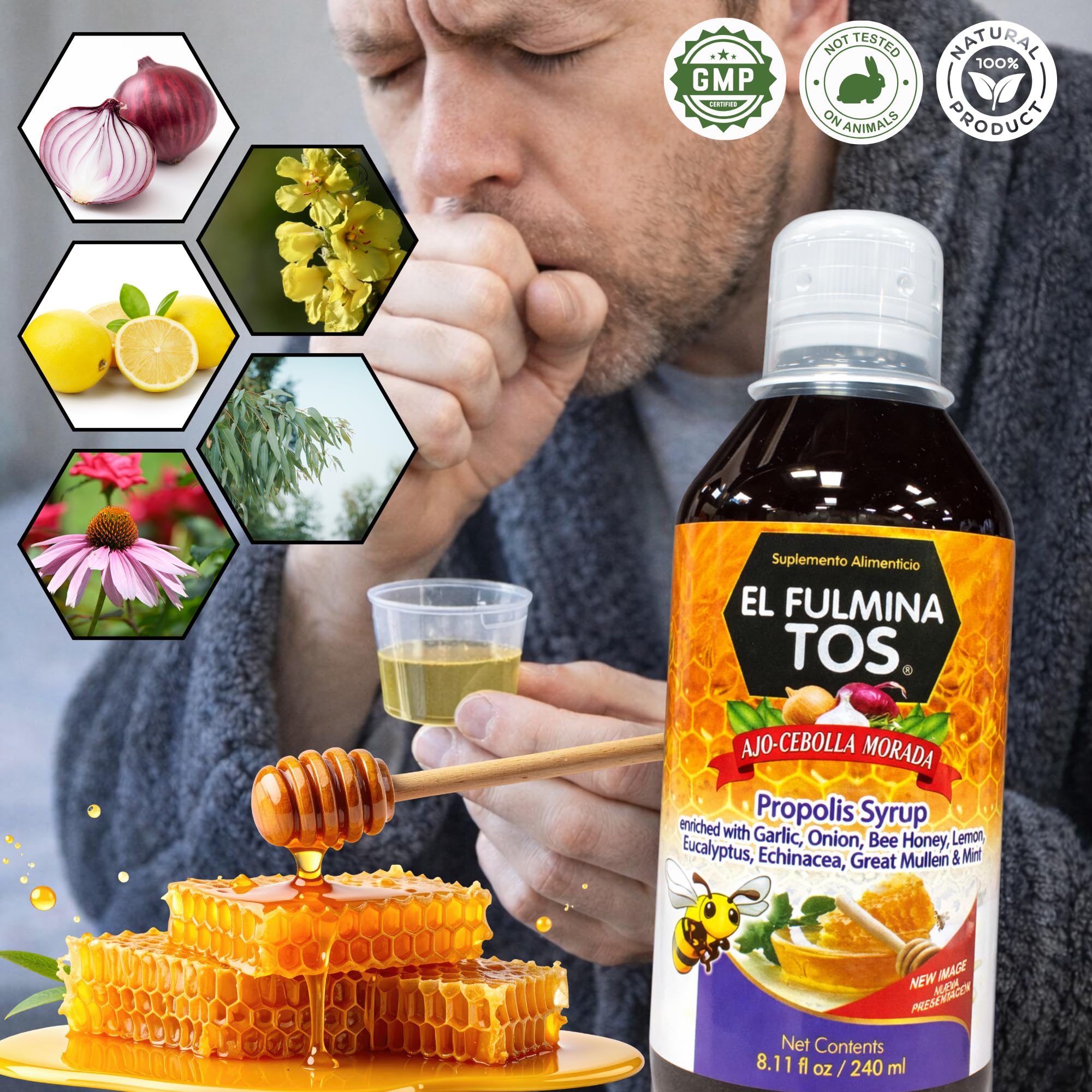 El Fulmina TOS All Natural Herbal Syrup with Garlic & Onion, Propolis, Honey, Lemon, Eucalyptus & Echinacea – Botanical Liquid Supplement, 8.11 fl oz (240 mL) — Amazon image 7