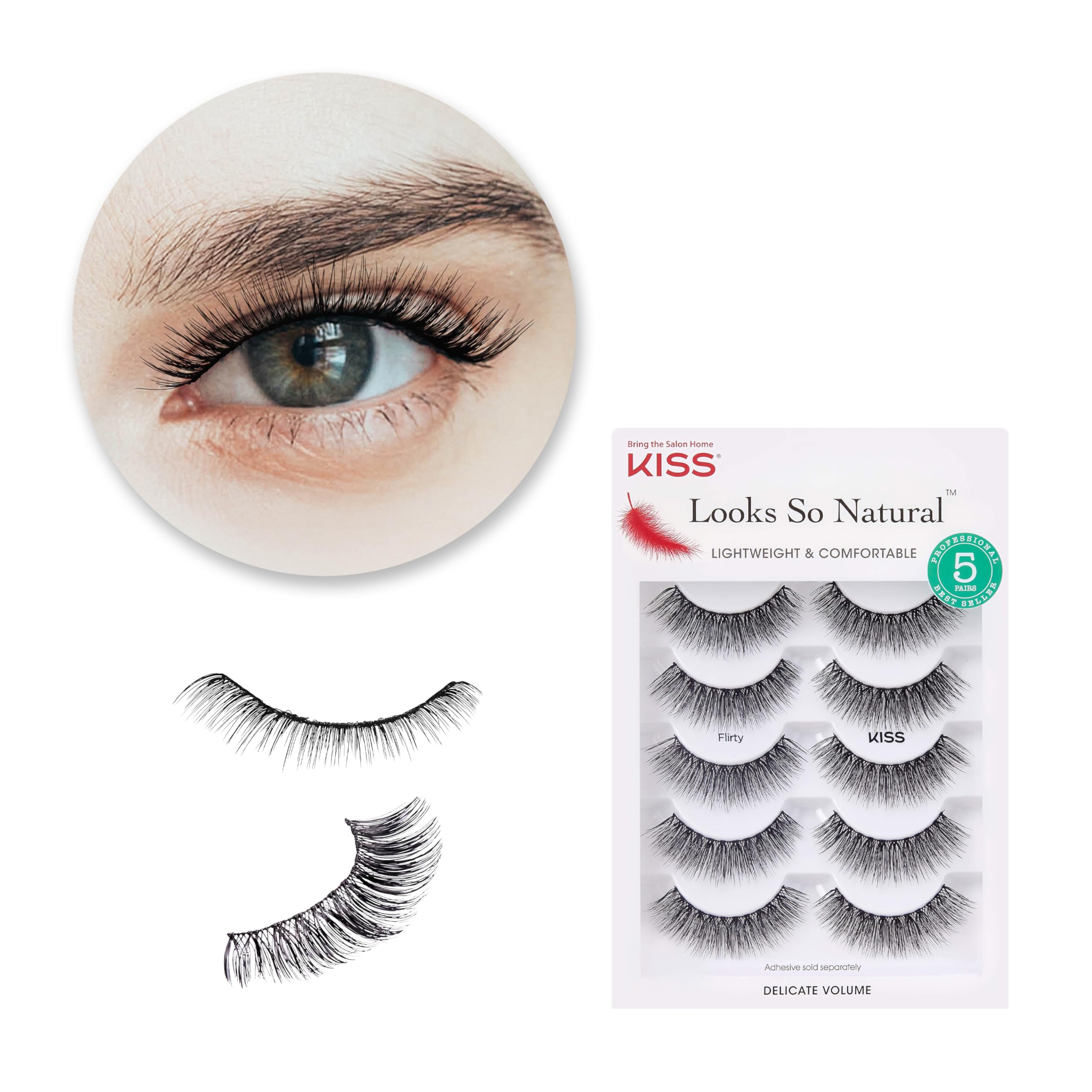KISS Looks So Natural False Eyelashes Multipack, Lightweight & Comfortable, Tapered End Technology, Reusable, Cruelty-Free, Contact Lens Friendly, Style 'Flirty', 5 Pairs Fake Eyelashes