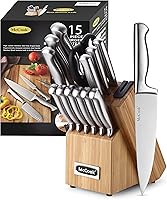 McCook 15-Piece German High Carbon Stainless Steel Knife Block Set with Built-in Sharpener