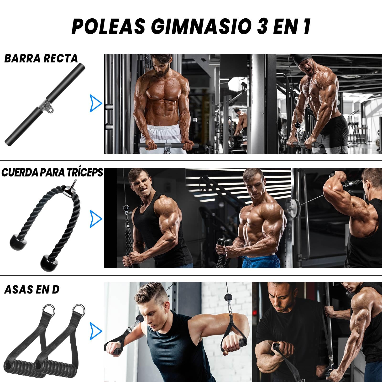 Poleas Gimnasio para Casa, DIY Polea Gimnasio Fitness Máquina Musculacion Gym Cable Kit Sistema en Casa, Brazo Pecho Espalda Tríceps Biceps Ejercicio Workout Accesorios Barra Agarre Polea Gym